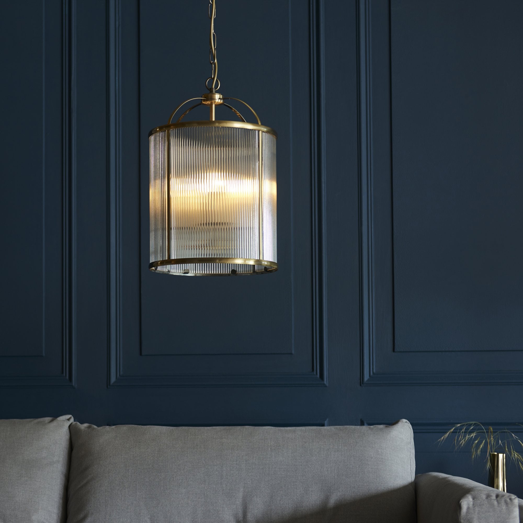 Endon Lambeth Ribbed 4 Light Pendant - Antique Brass Plate & Clear Ribbed Glass