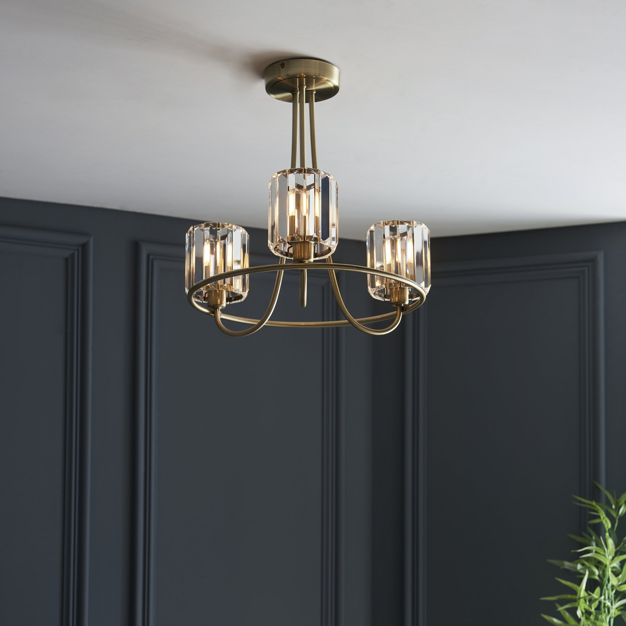 Endon Berenice 3 Light Semi-Flush Fitting - Antique Brass Plate & Clear Glass