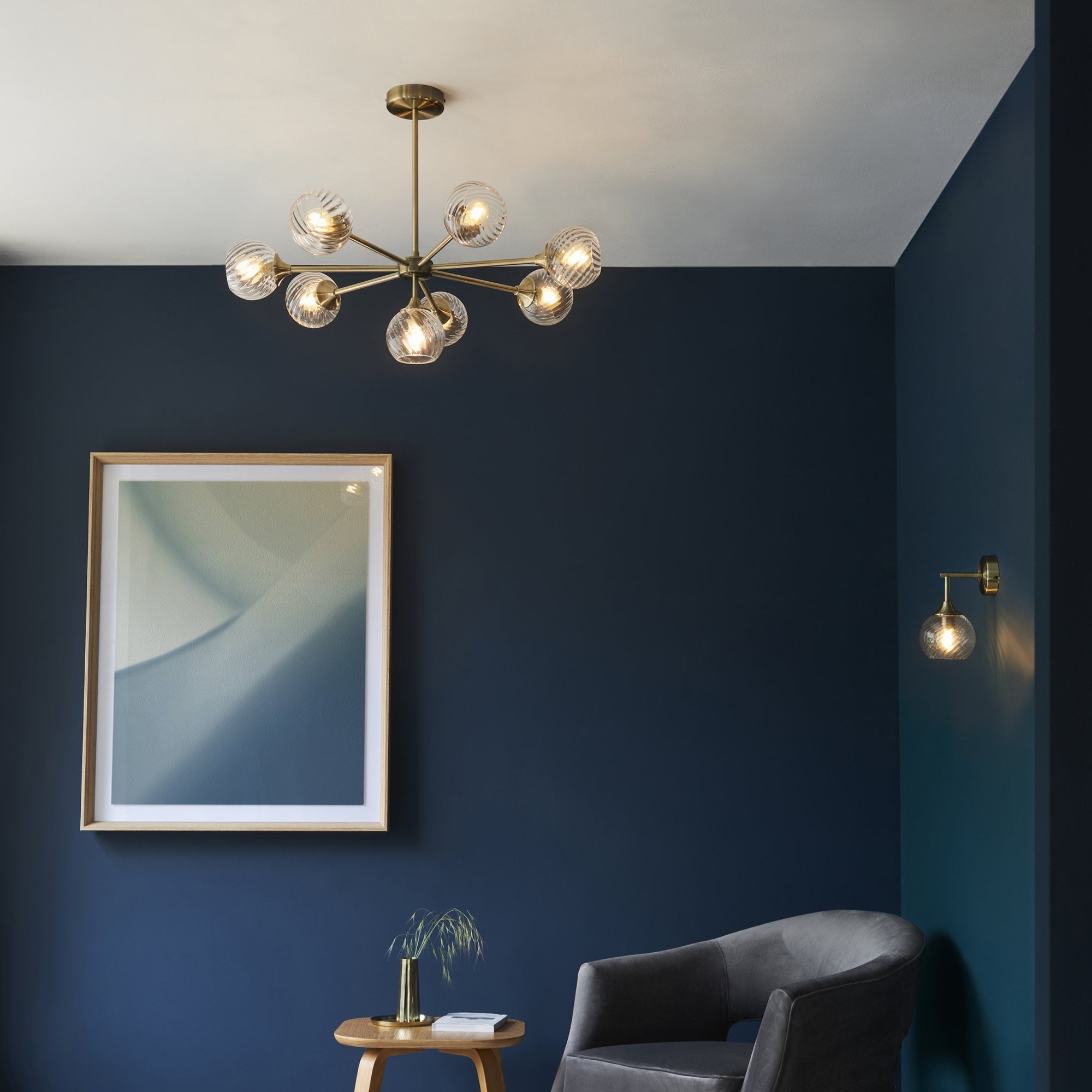 Endon Allegra 8 Light Pendant - Antique Brass Plate & Clear Spiral Glass