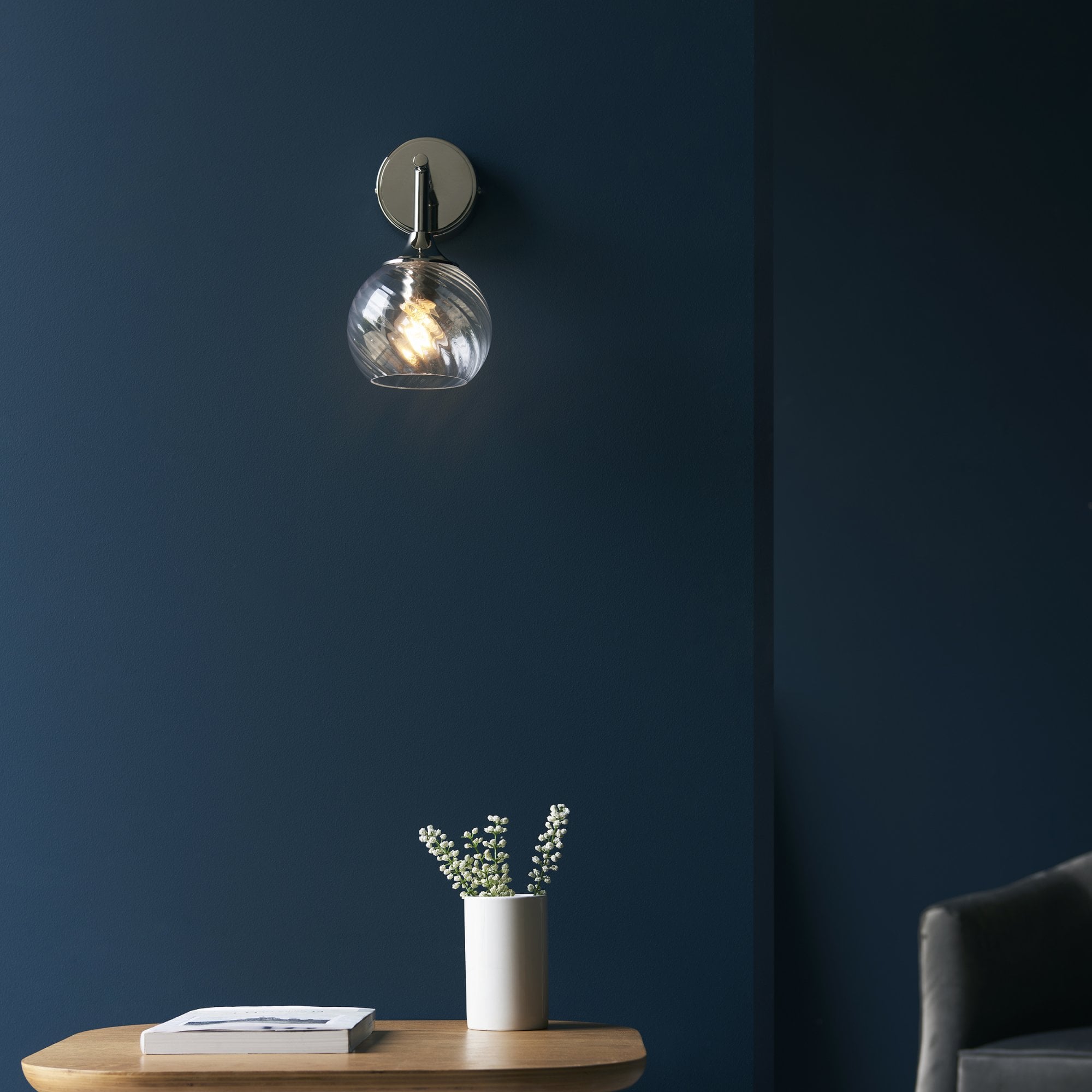 Endon Allegra Single Wall Light - Bright Nickel Plate & Clear Spiral Glass