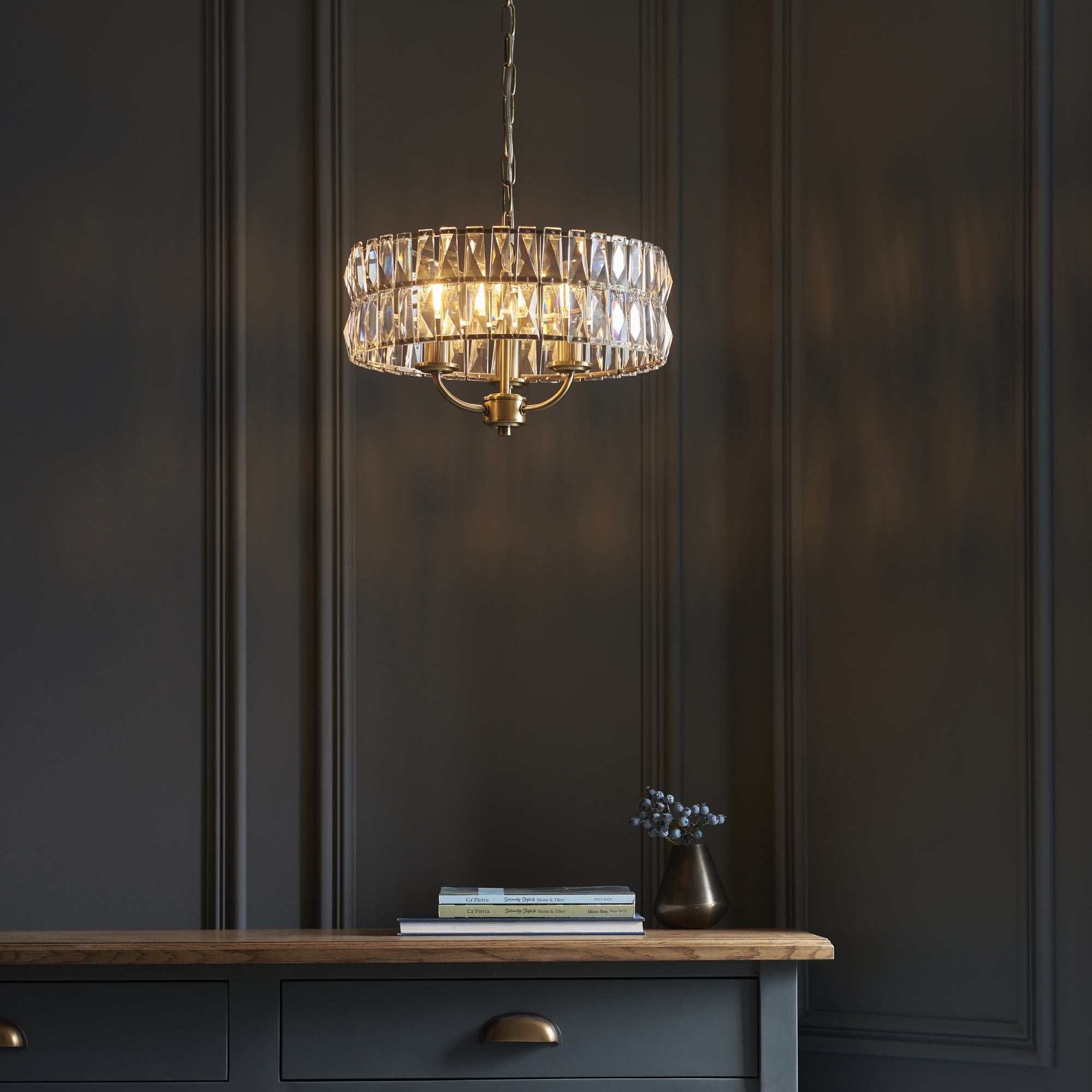 Endon Clifton 3 Light Pendant - Antique Brass Plate & Clear Crystal Glass