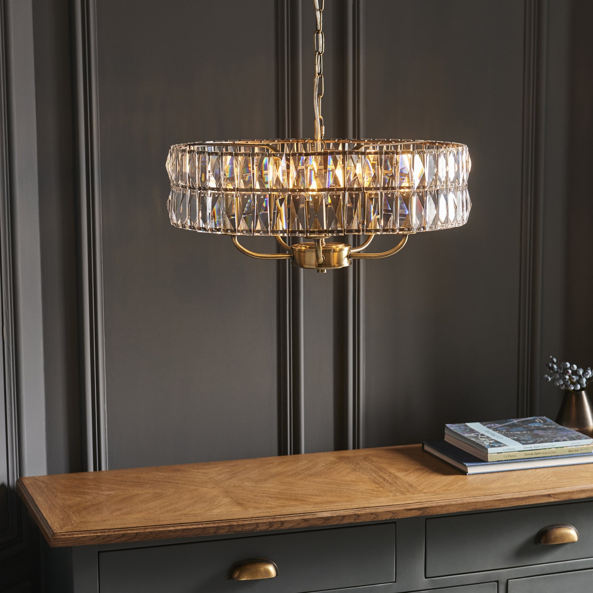 Endon Clifton 5 Light Pendant - Antique Brass Plate & Clear Crystal Glass