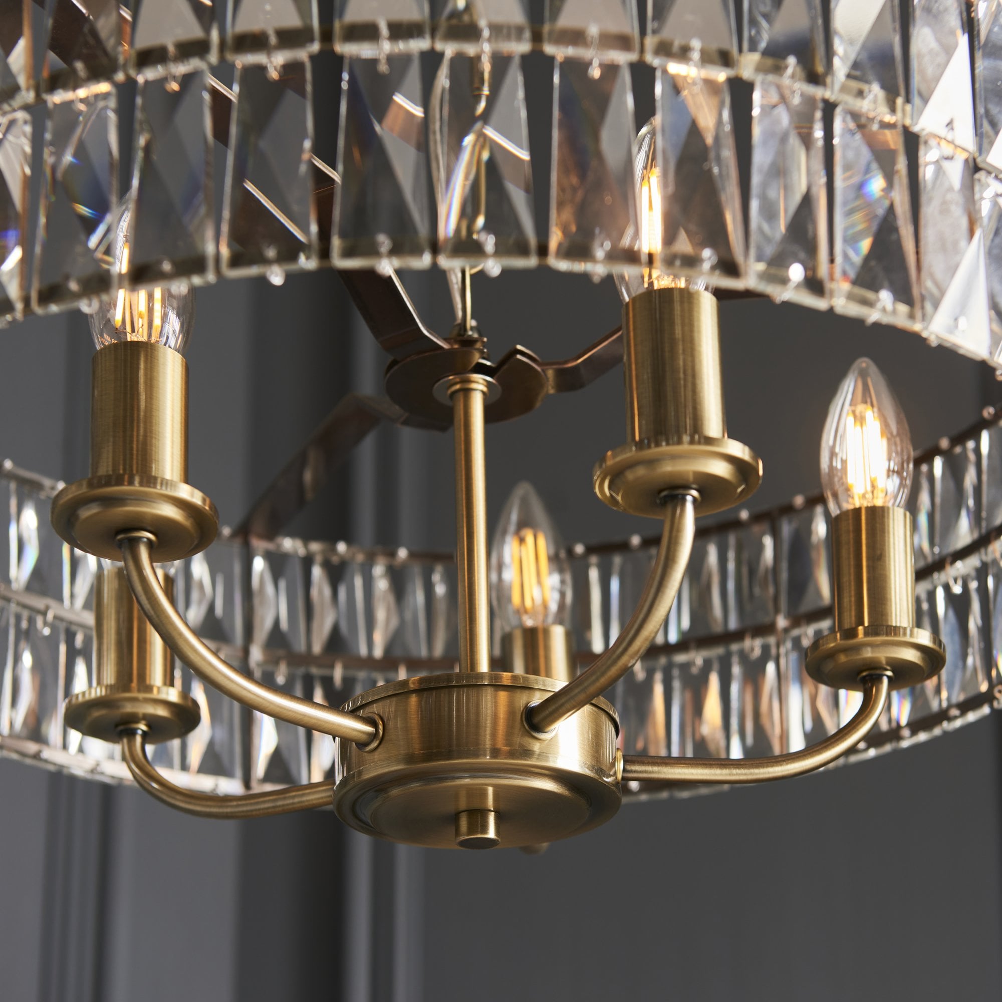 Endon Clifton 5 Light Pendant - Antique Brass Plate & Clear Crystal Glass