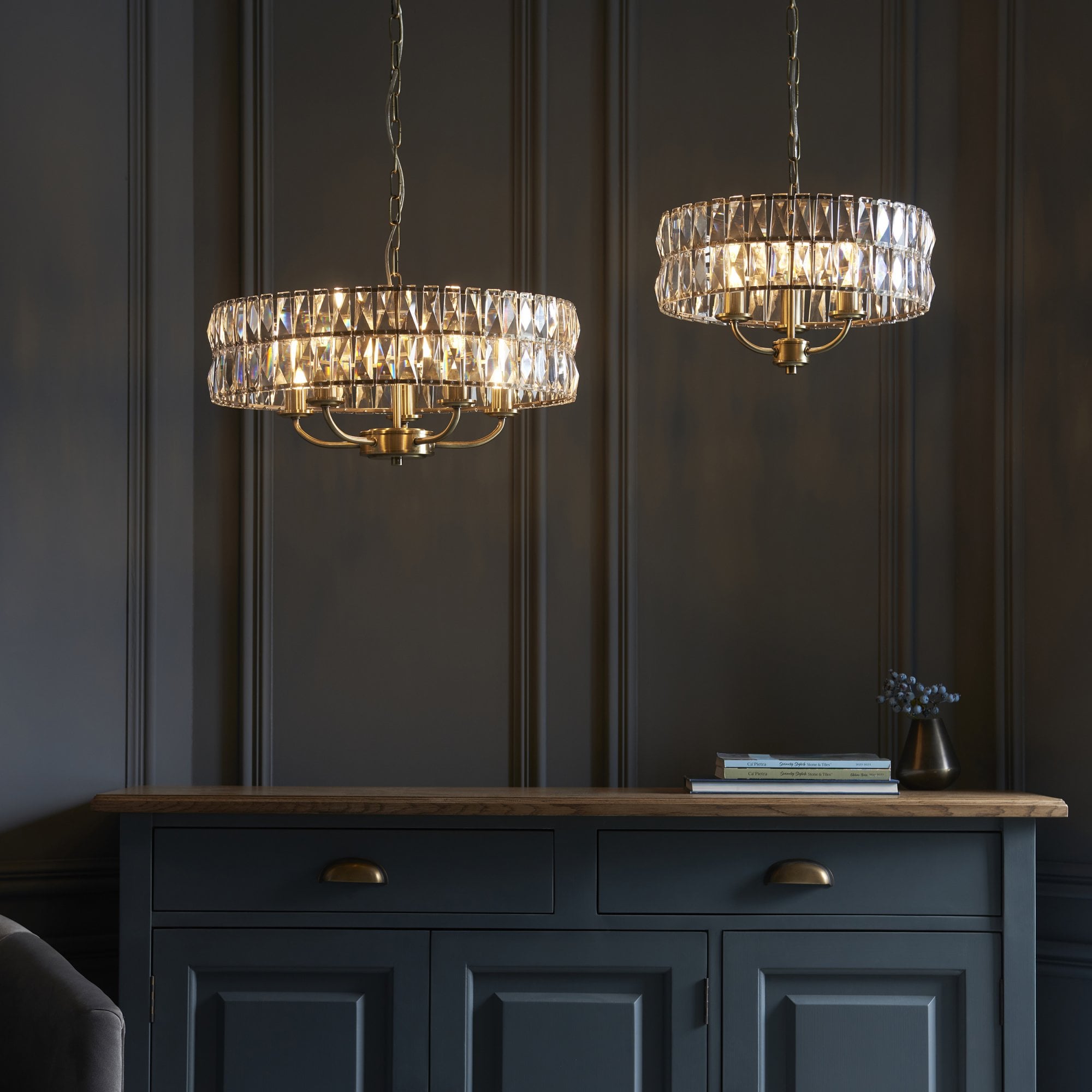 Endon Clifton 5 Light Pendant - Antique Brass Plate & Clear Crystal Glass