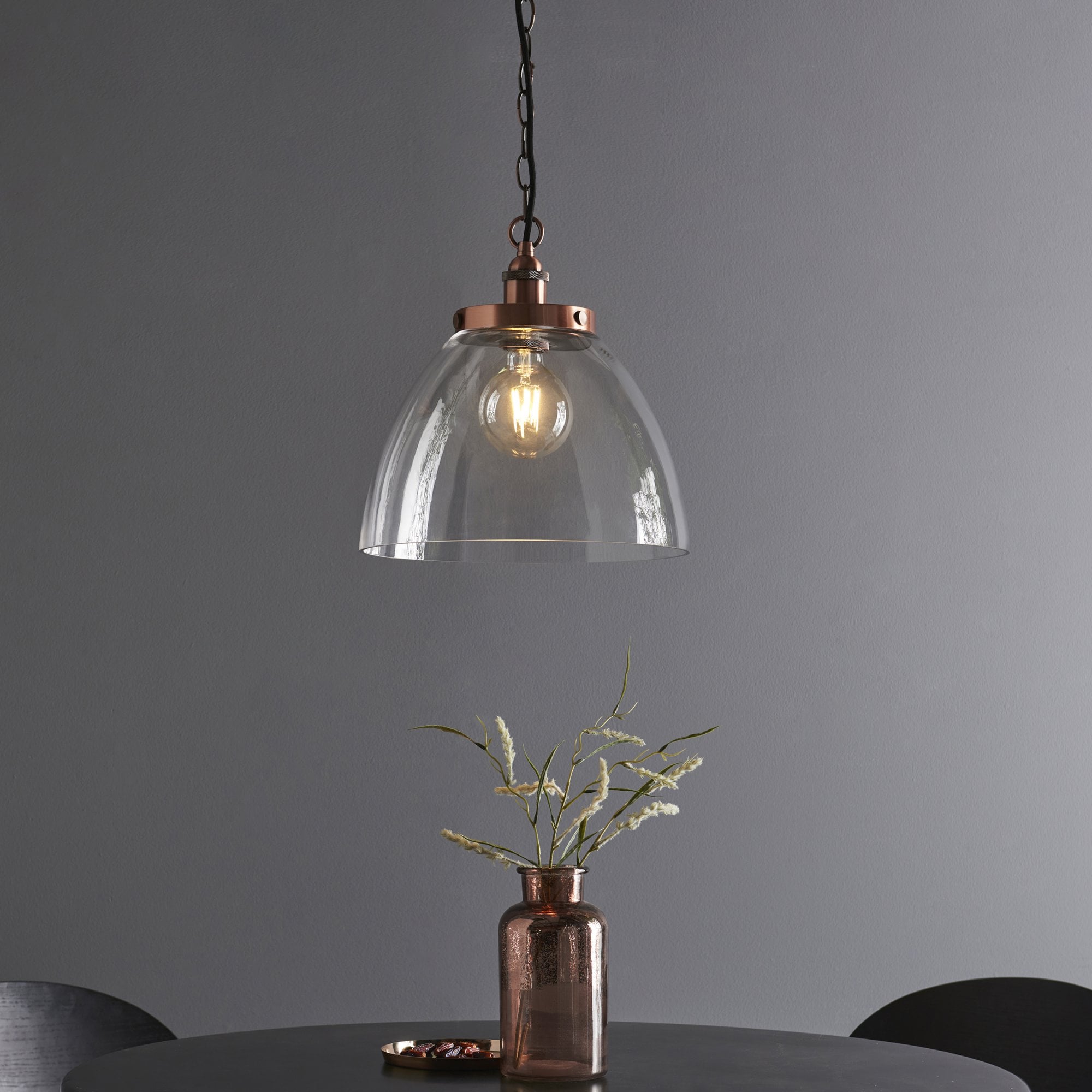 Endon Hansen Grand Single Pendant - Aged Copper Plate & Clear Glass