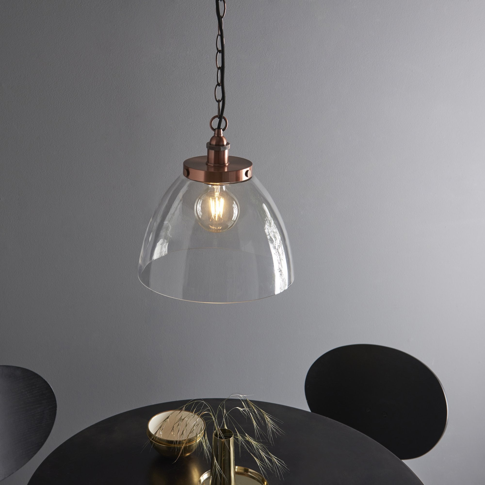 Endon Hansen Grand Single Pendant - Aged Copper Plate & Clear Glass