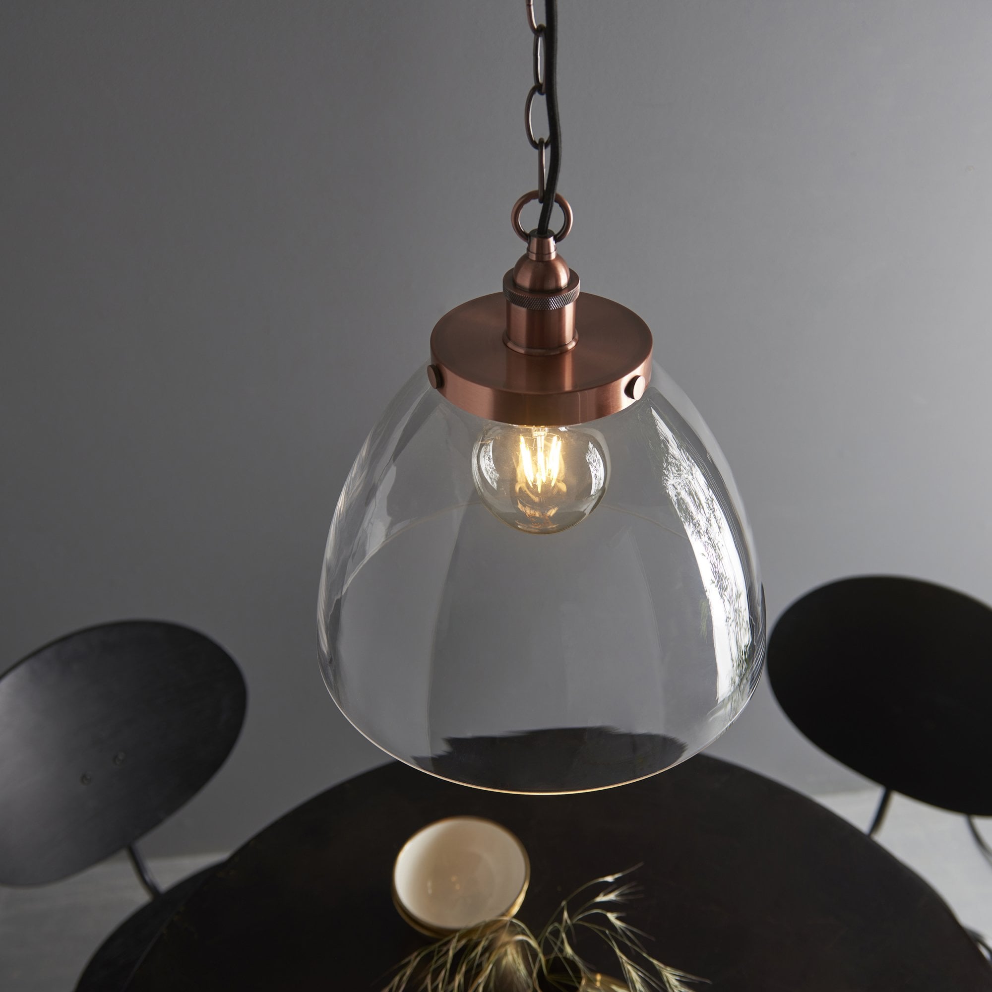 Endon Hansen Grand Single Pendant - Aged Copper Plate & Clear Glass