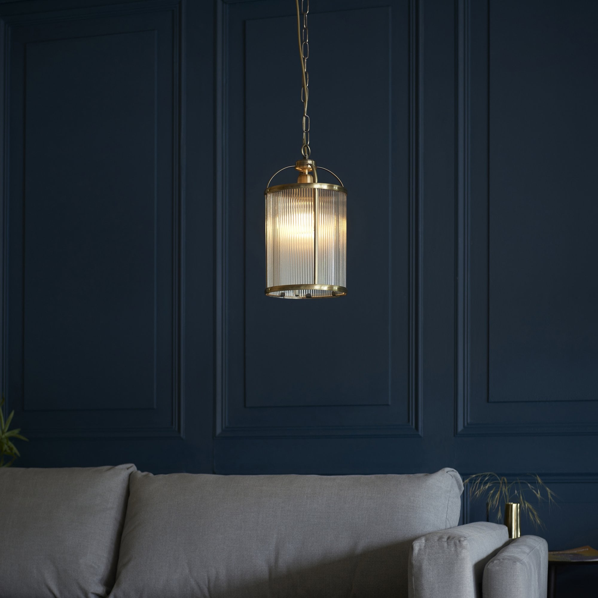 Endon Lambeth Ribbed Single Pendant - Antique Brass Plate & Clear Ribbed Glass