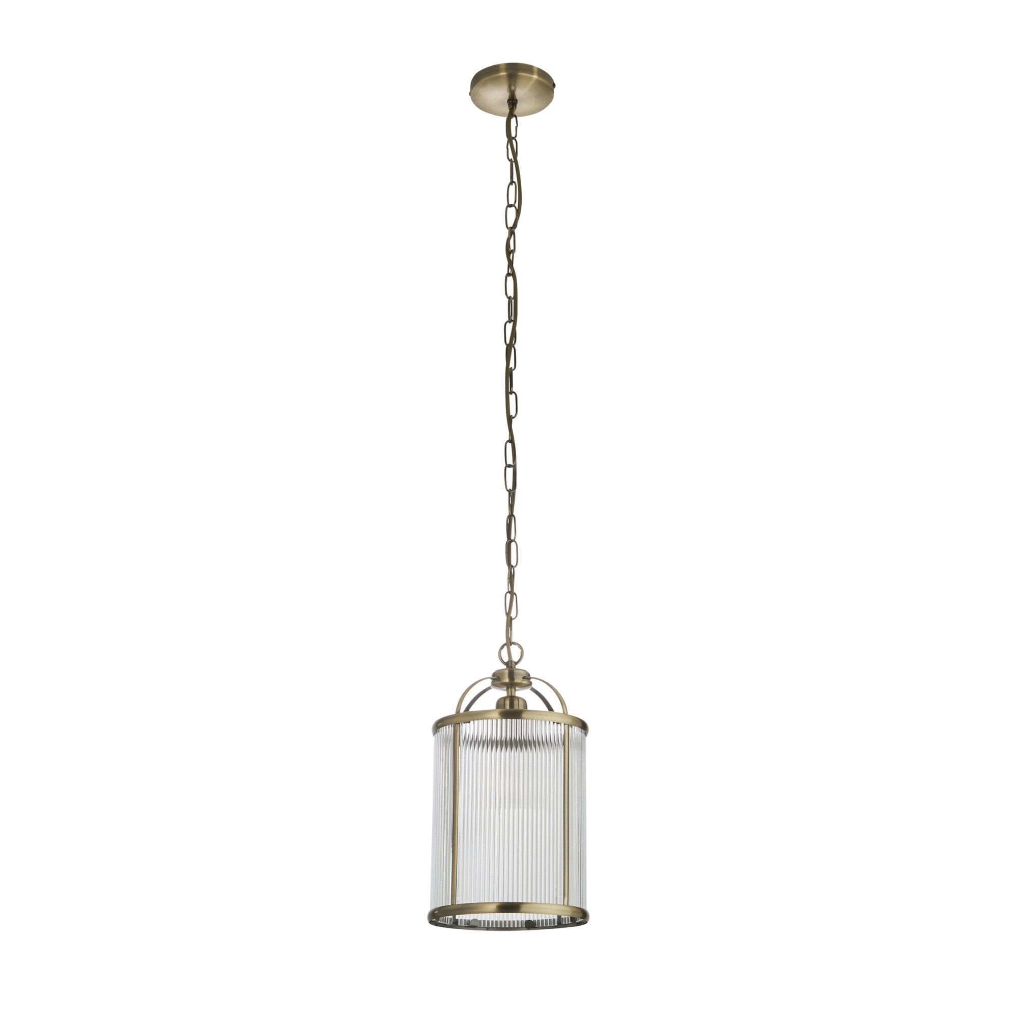 Endon Lambeth Ribbed Single Pendant - Antique Brass Plate & Clear Ribbed Glass