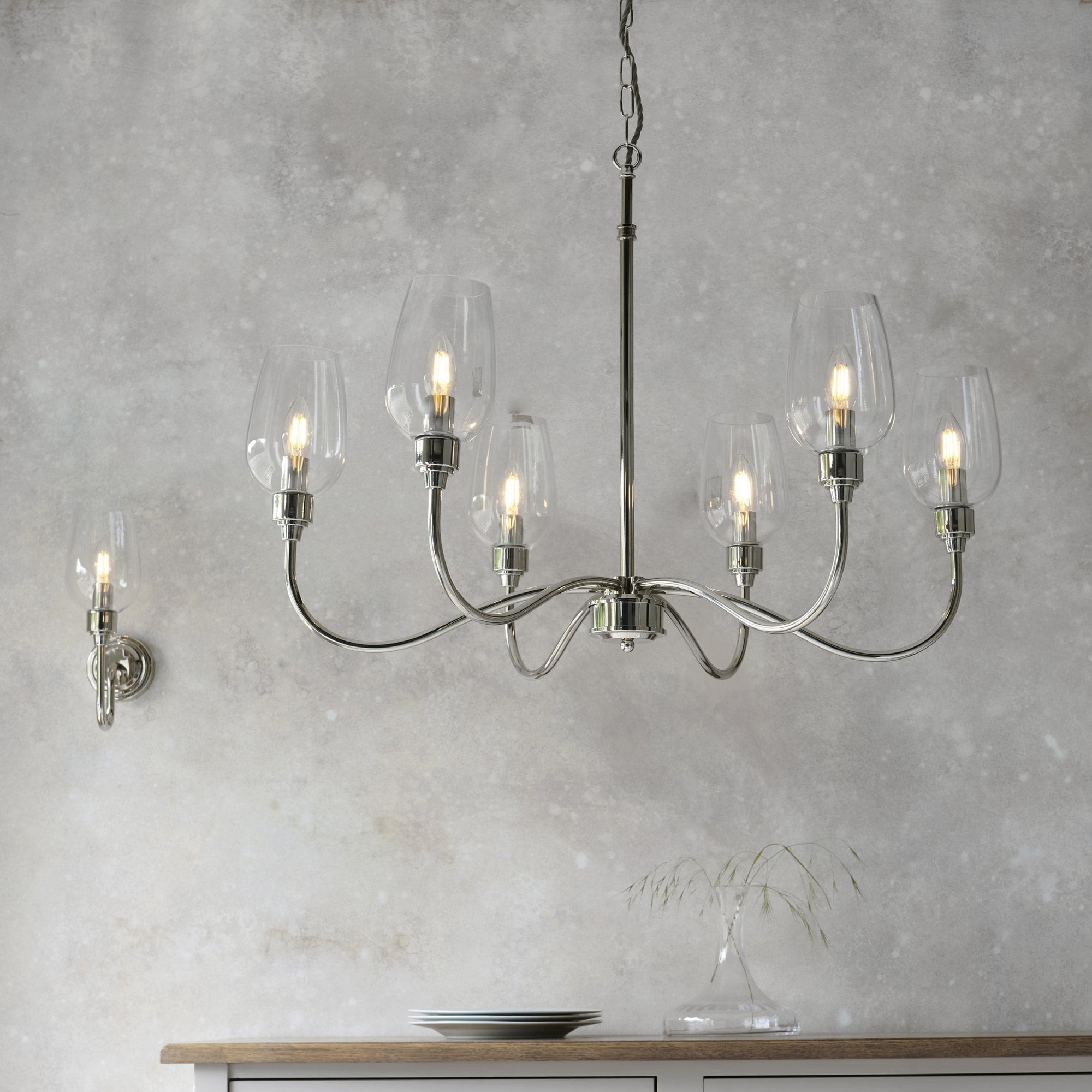 Utopia Walton 6 Light Pendant - Bright Nickel Plate & Clear Glass