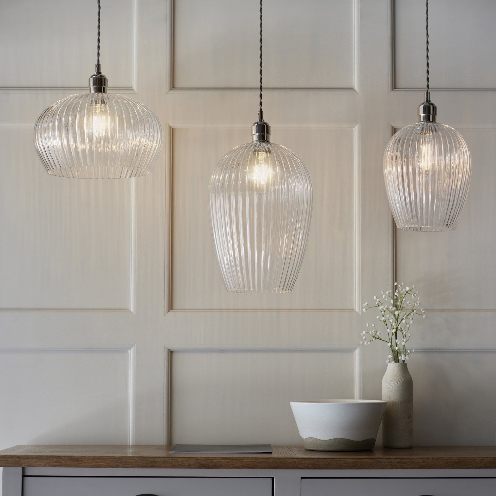 Utopia Finesse Medium Single Pendant - Bright Nickel Plate & Clear Ribbed Glass