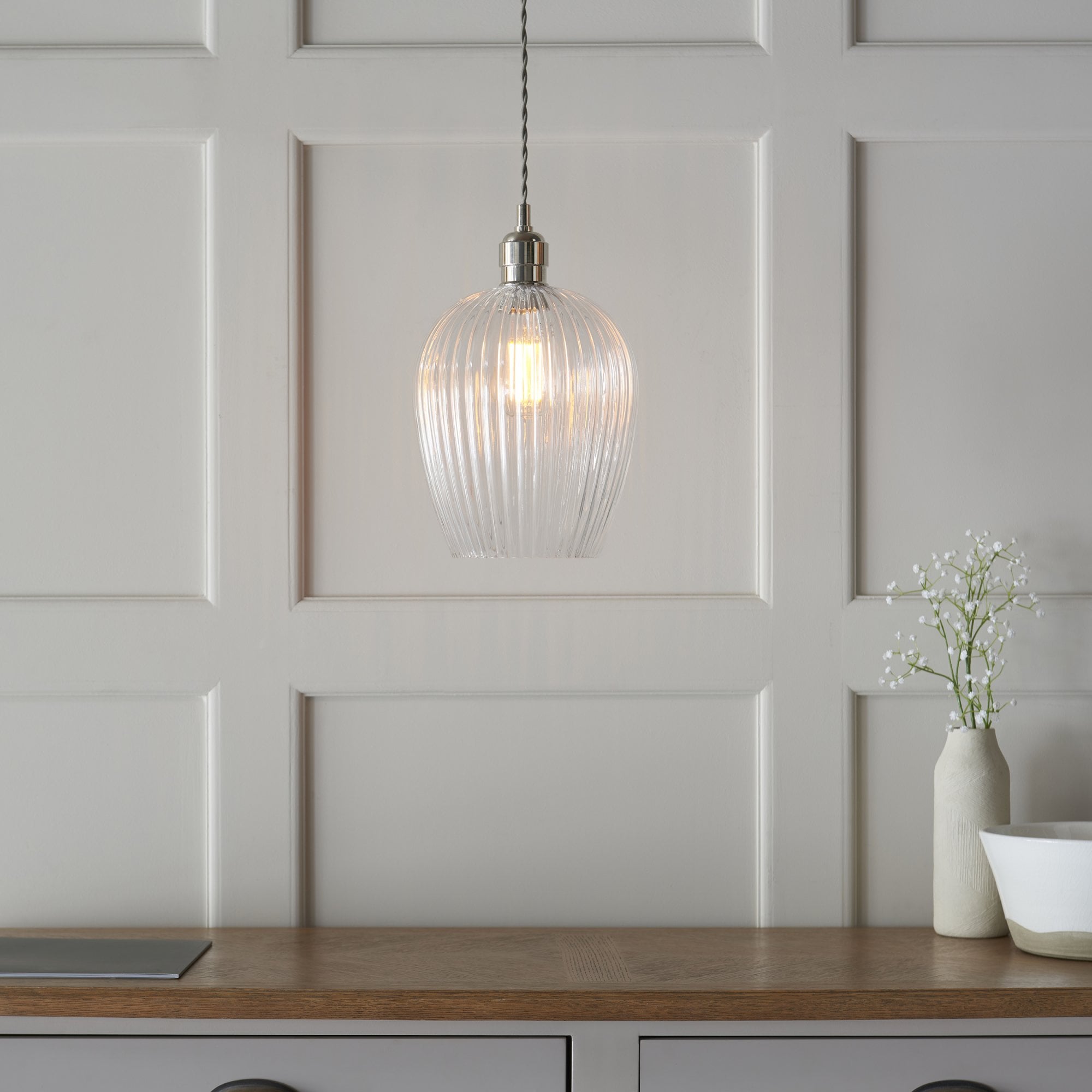 Utopia Finesse Small Single Pendant - Bright Nickel Plate & Clear Ribbed Glass