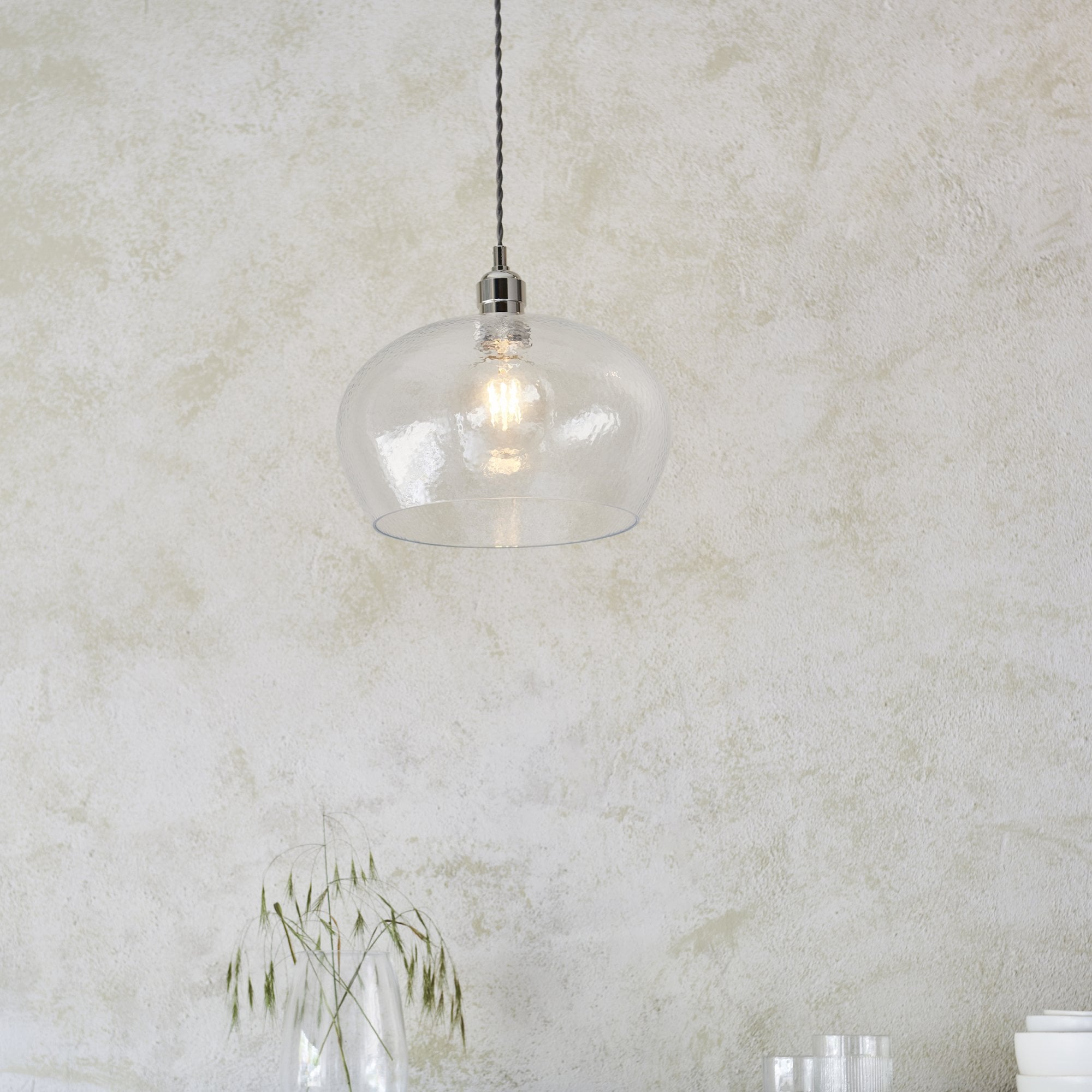 Utopia Finesse Medium Single Pendant - Bright Nickel Plate & Clear Hammered Glass