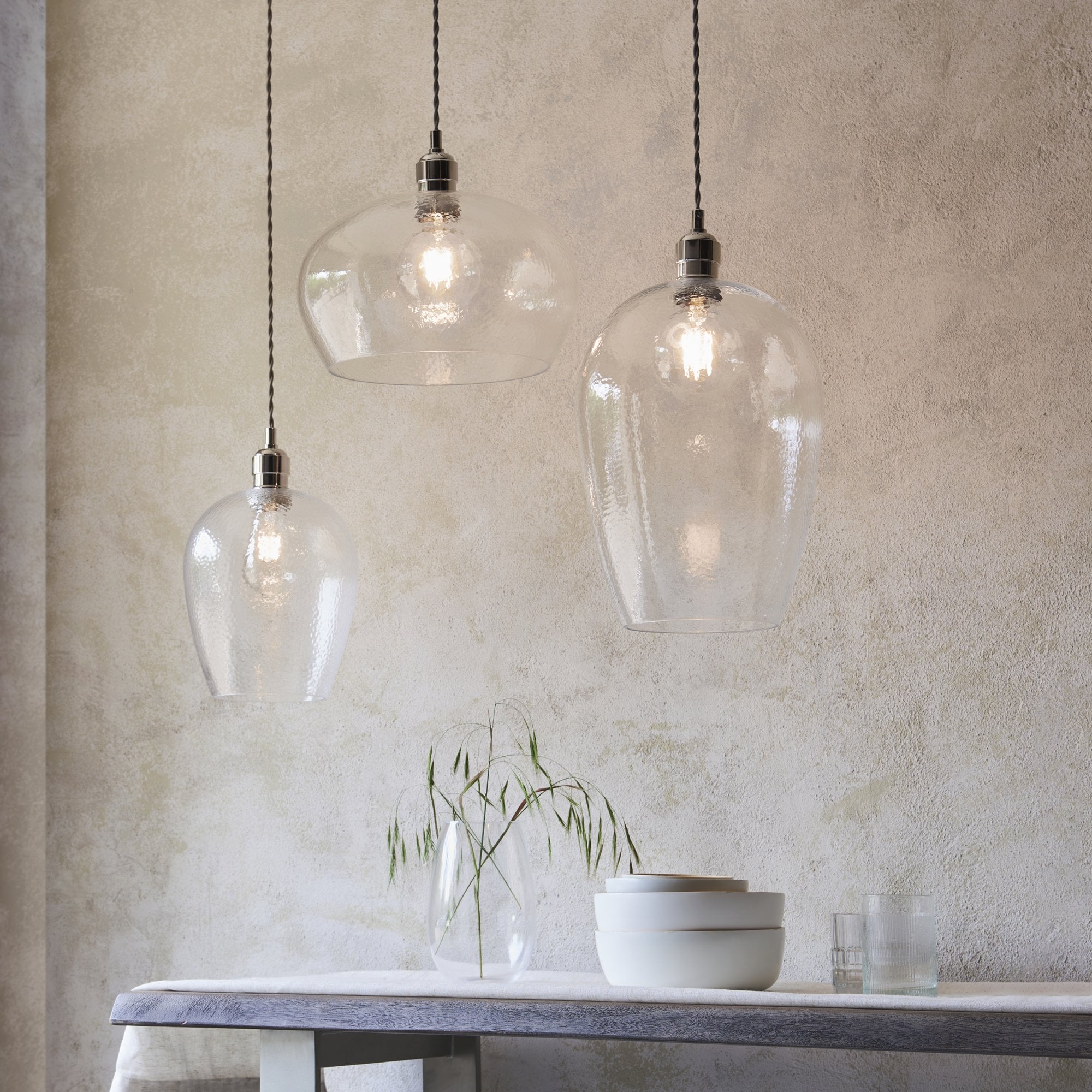 Utopia Finesse Medium Single Pendant - Bright Nickel Plate & Clear Hammered Glass