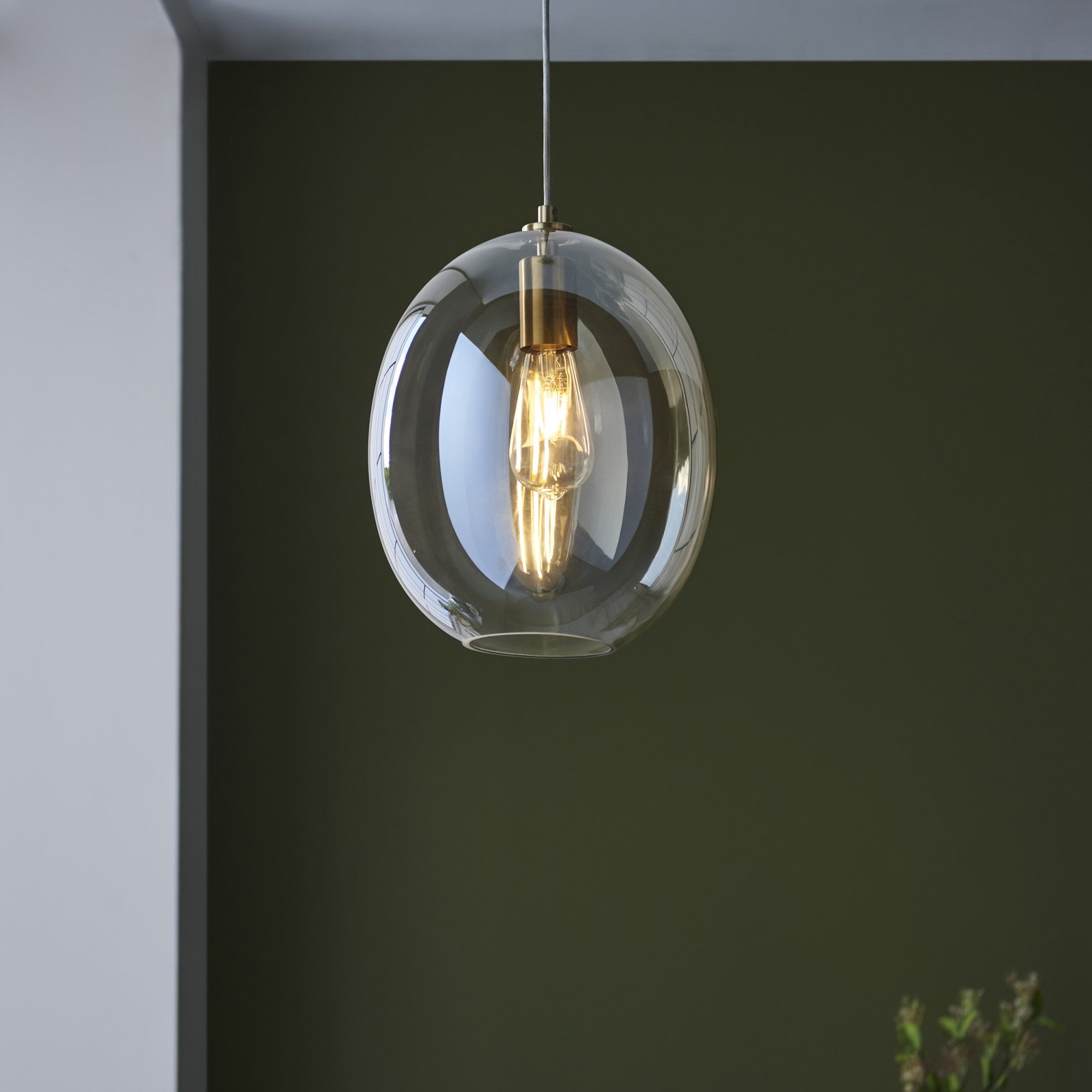 Endon Kelda Oval Single Pendant - Satin Brass Plate & Champagne Lustre Glass