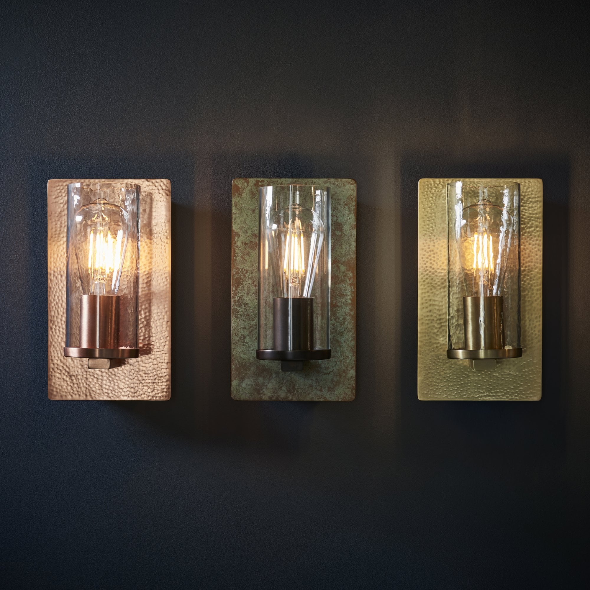 Utopia Swirl Single Wall Light - Hammered Brass Plate & Textured Clear Glass
