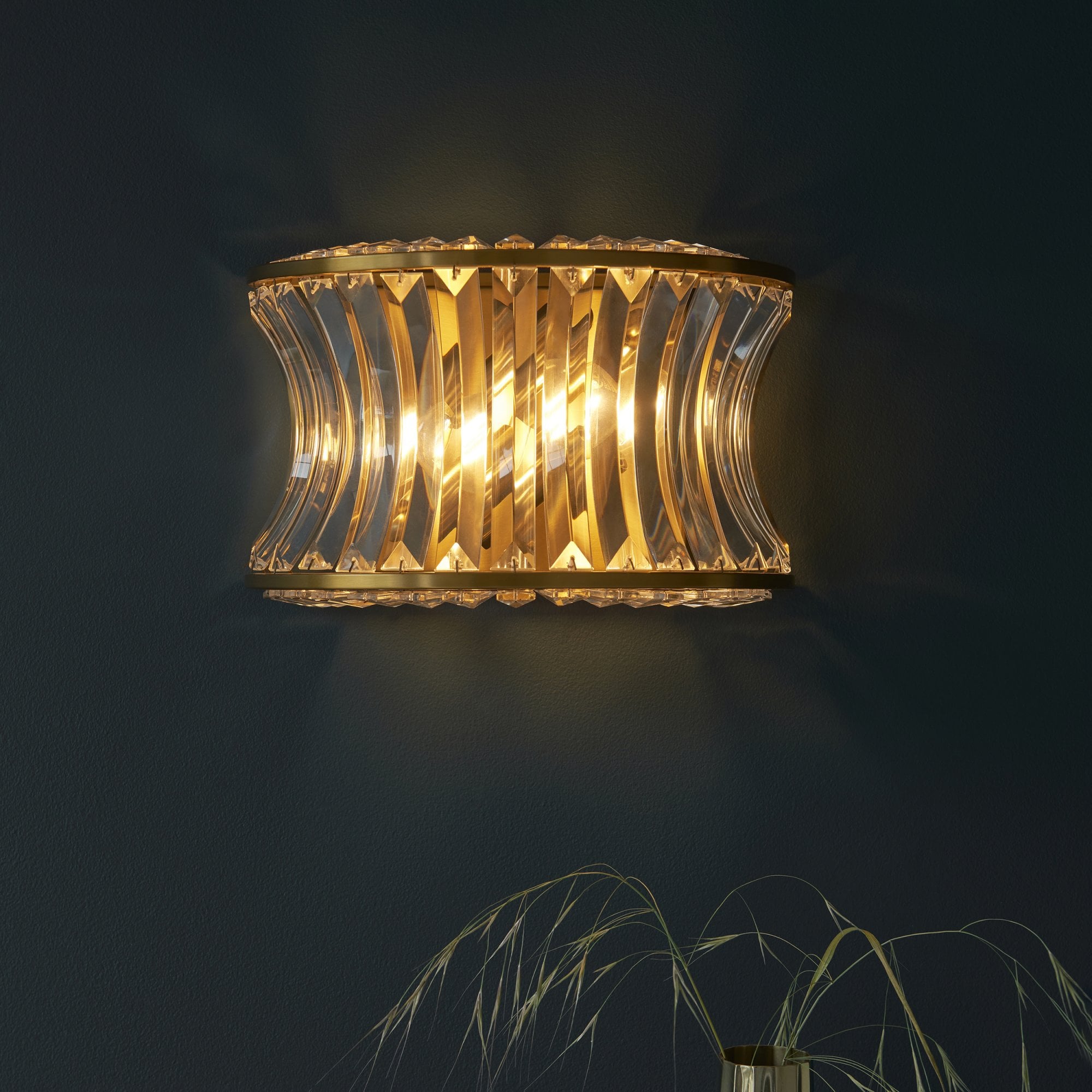 Utopia Bow 2 Light Wall Light - Warm Brass Plate with Crystal & Clear Glass