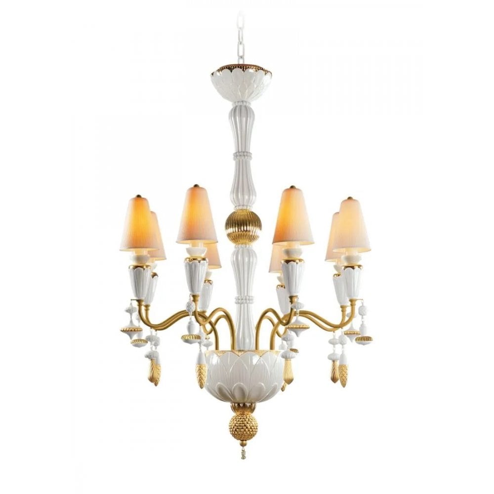 Lladro Ivy & Seed 8 Light Chandelier - White & Golden Luster