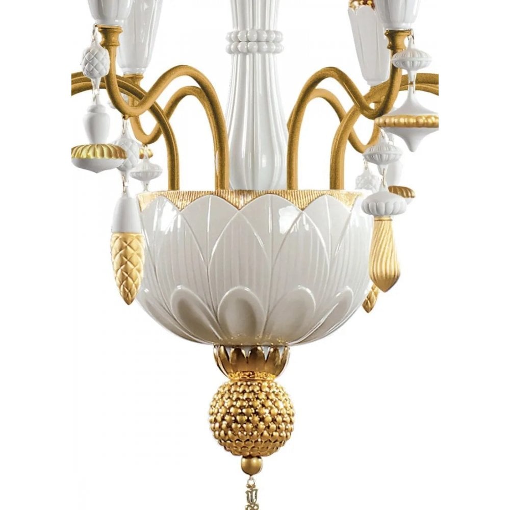 Lladro Ivy & Seed 8 Light Chandelier - White & Golden Luster