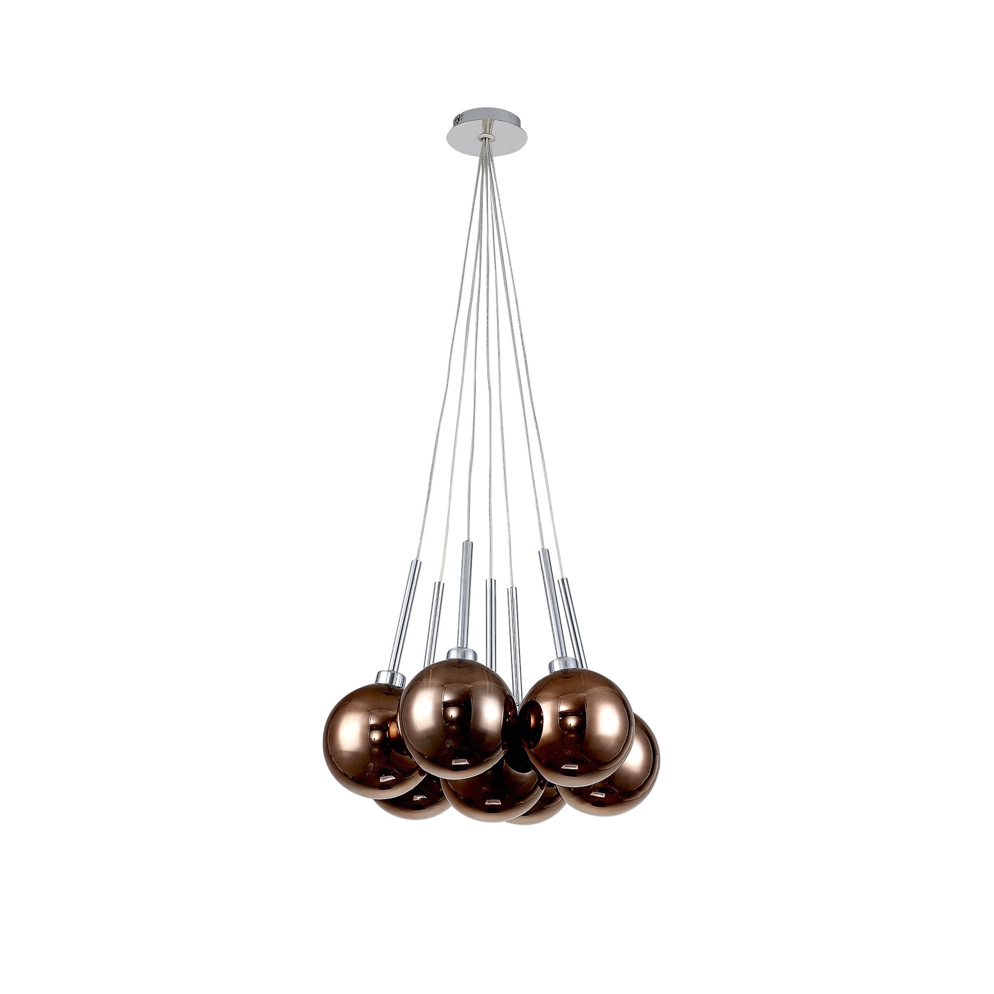 Fabula Tamworth 7 Light Cluster Pendant - Round Shades with Inner Frosted Globes - Polished Chrome, Copper & Frosted Glass
