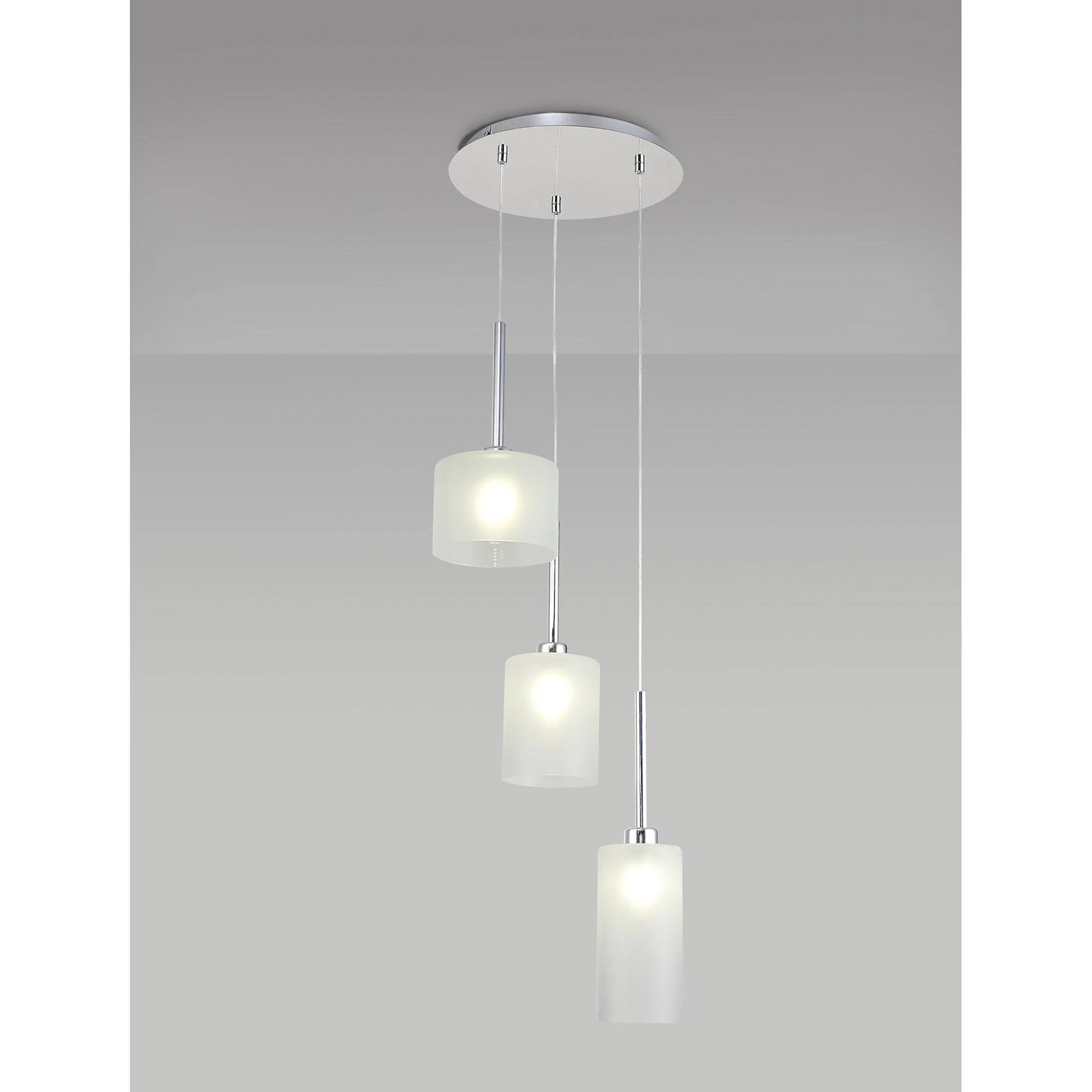 Fabula Tamworth 3 Light Round Pendant - Mixed Cylinder Shades - Polished Chrome & Frosted Glass