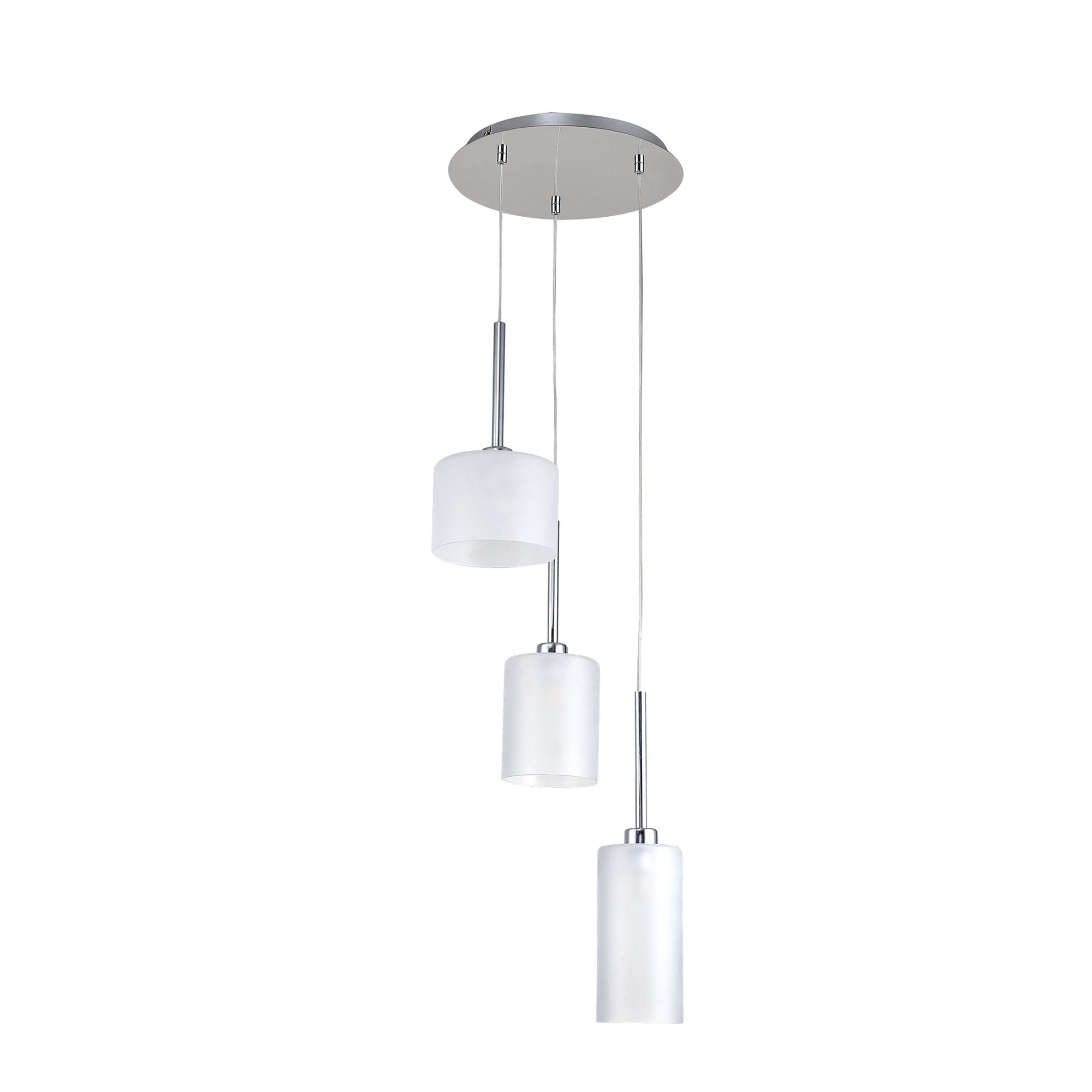 Fabula Tamworth 3 Light Round Pendant - Mixed Cylinder Shades - Polished Chrome & Frosted Glass