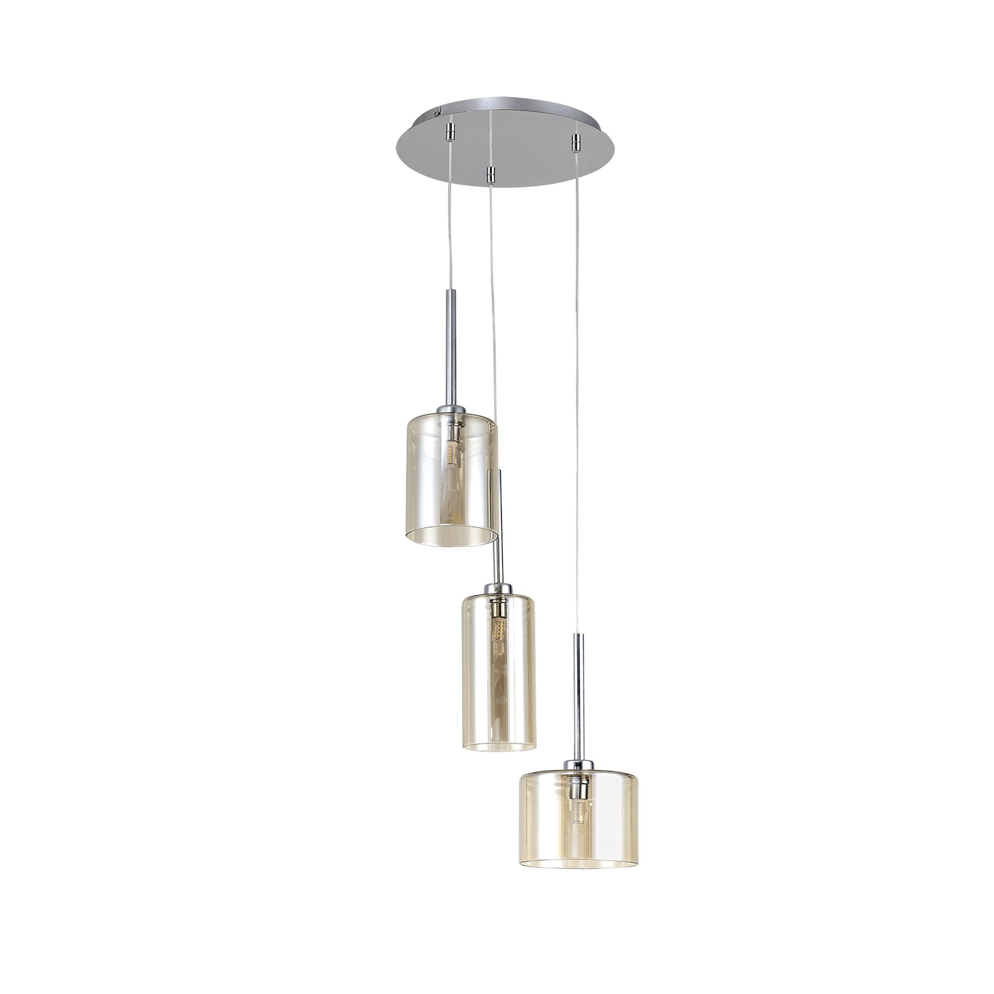 Fabula Tamworth 3 Light Round Pendant - Mixed Cylinder Shades - Polished Chrome & Cognac Glass