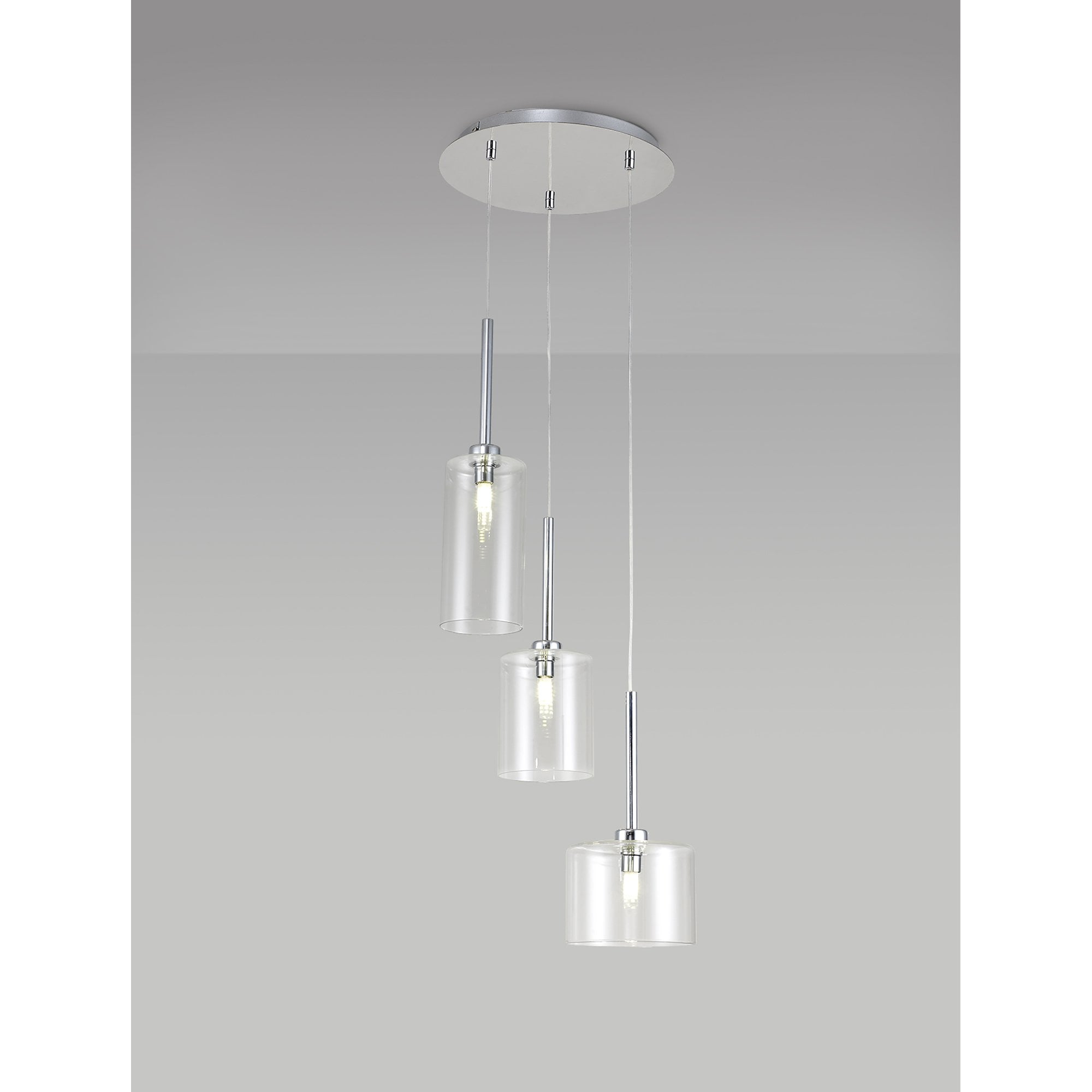 Fabula Tamworth 3 Light Round Pendant - Mixed Cylinder Shades - Polished Chrome & Clear Glass