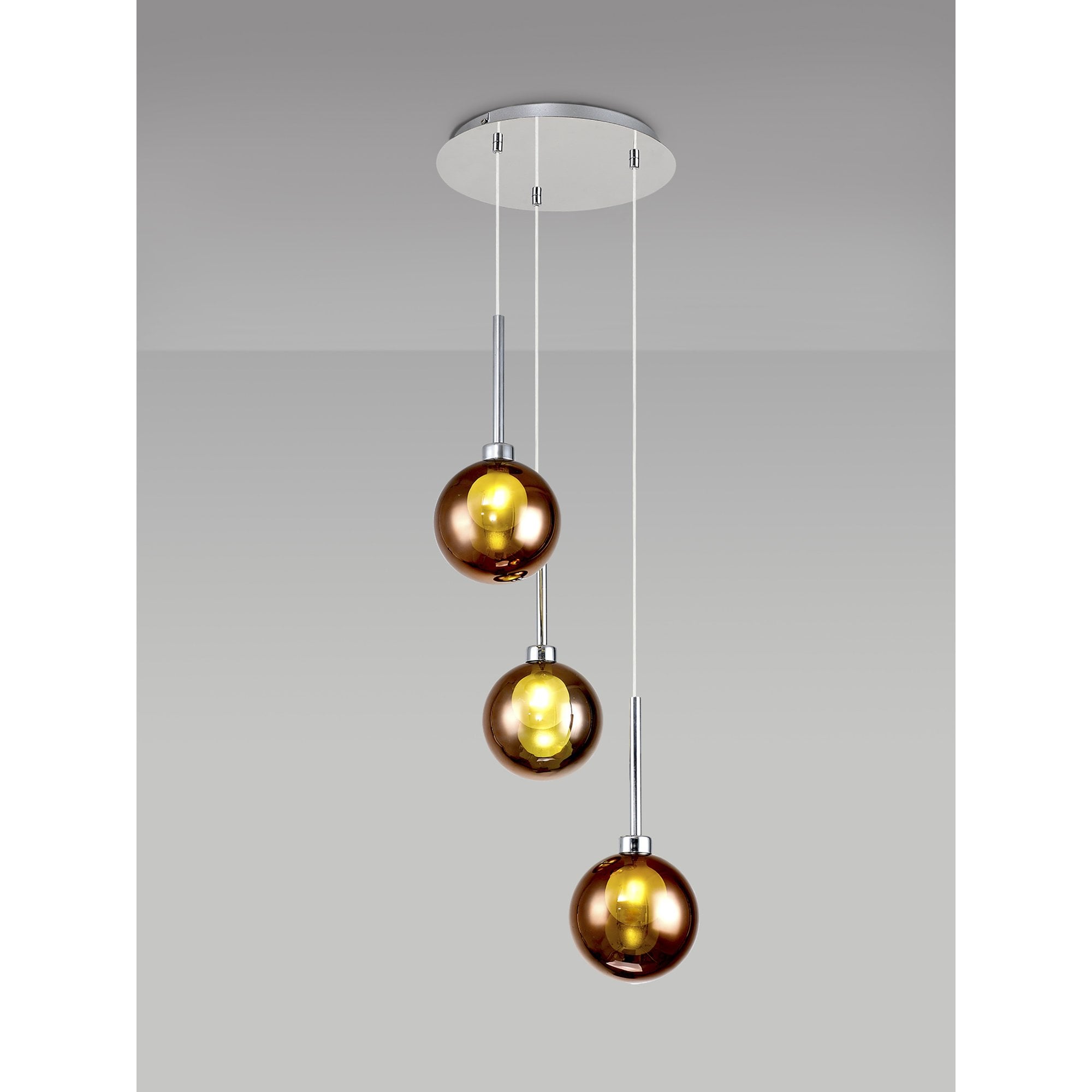 Fabula Tamworth 3 Light Round Pendant - Round Shades with Inner Frosted Globes - Polished Chrome, Copper & Frosted Glass