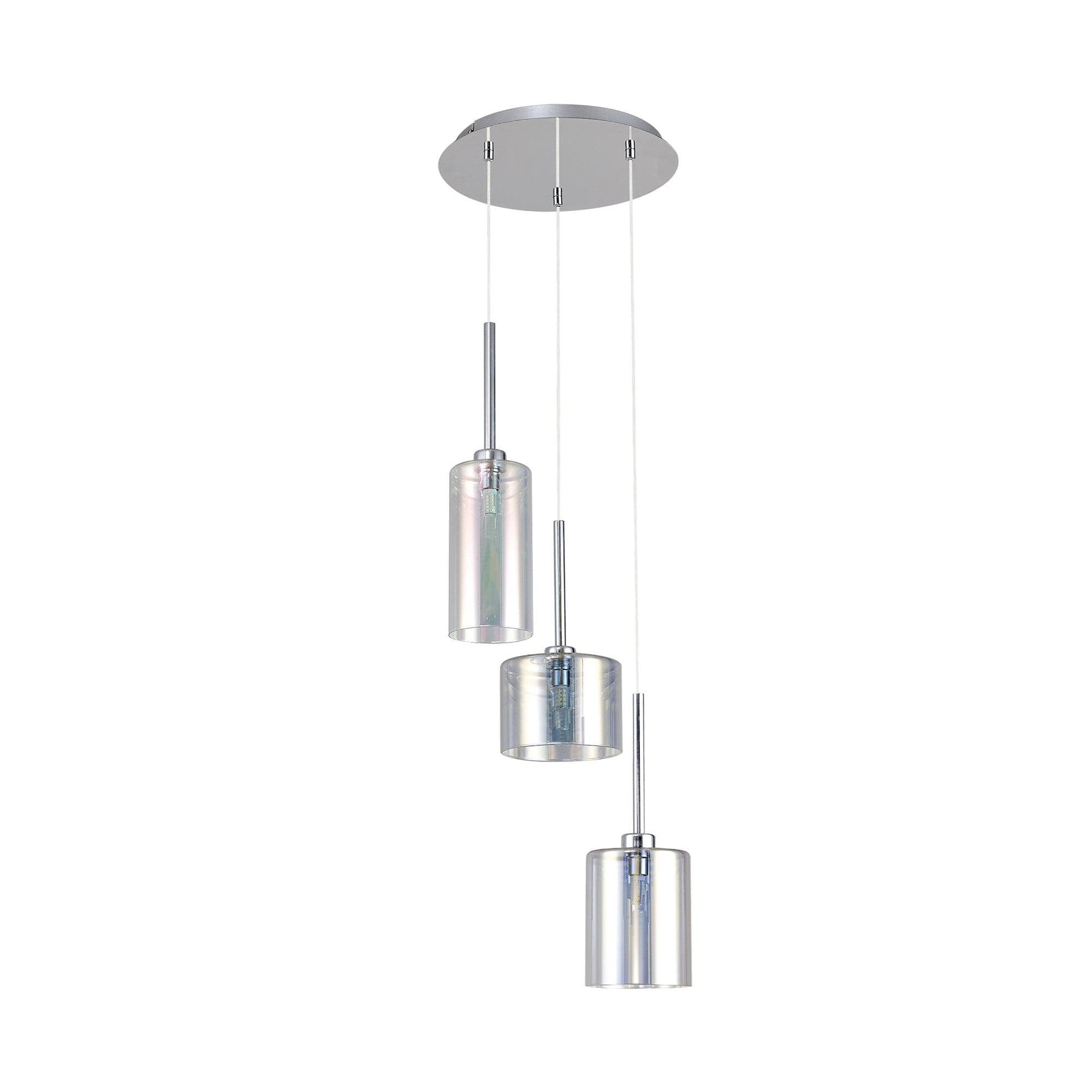 Fabula Tamworth 3 Light Round Pendant - Mixed Cylinder Shades - Polished Chrome & Iridescent Glass