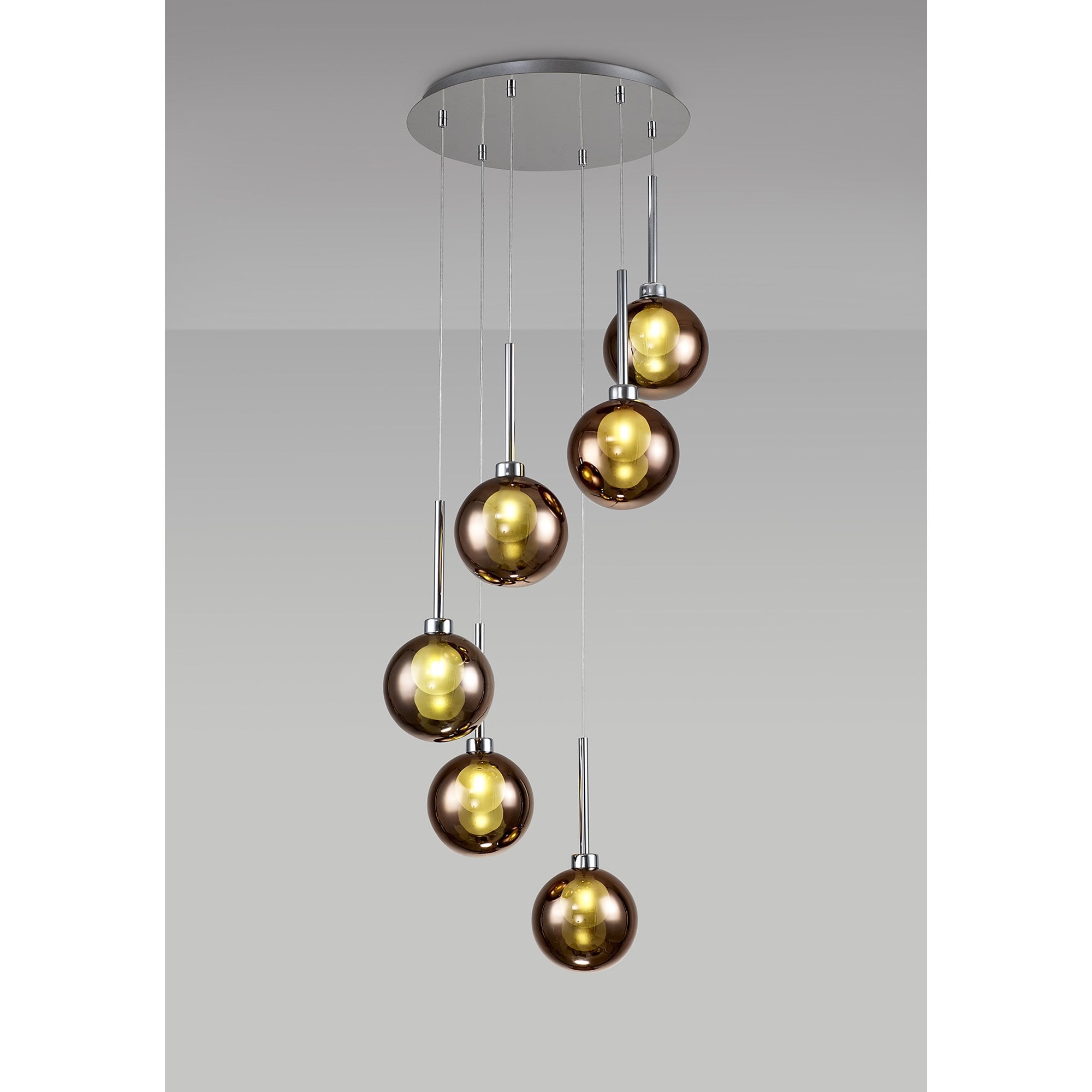 Fabula Tamworth 6 Light Round Pendant - Round Shades with Inner Frosted Globes - Polished Chrome, Copper & Frosted Glass