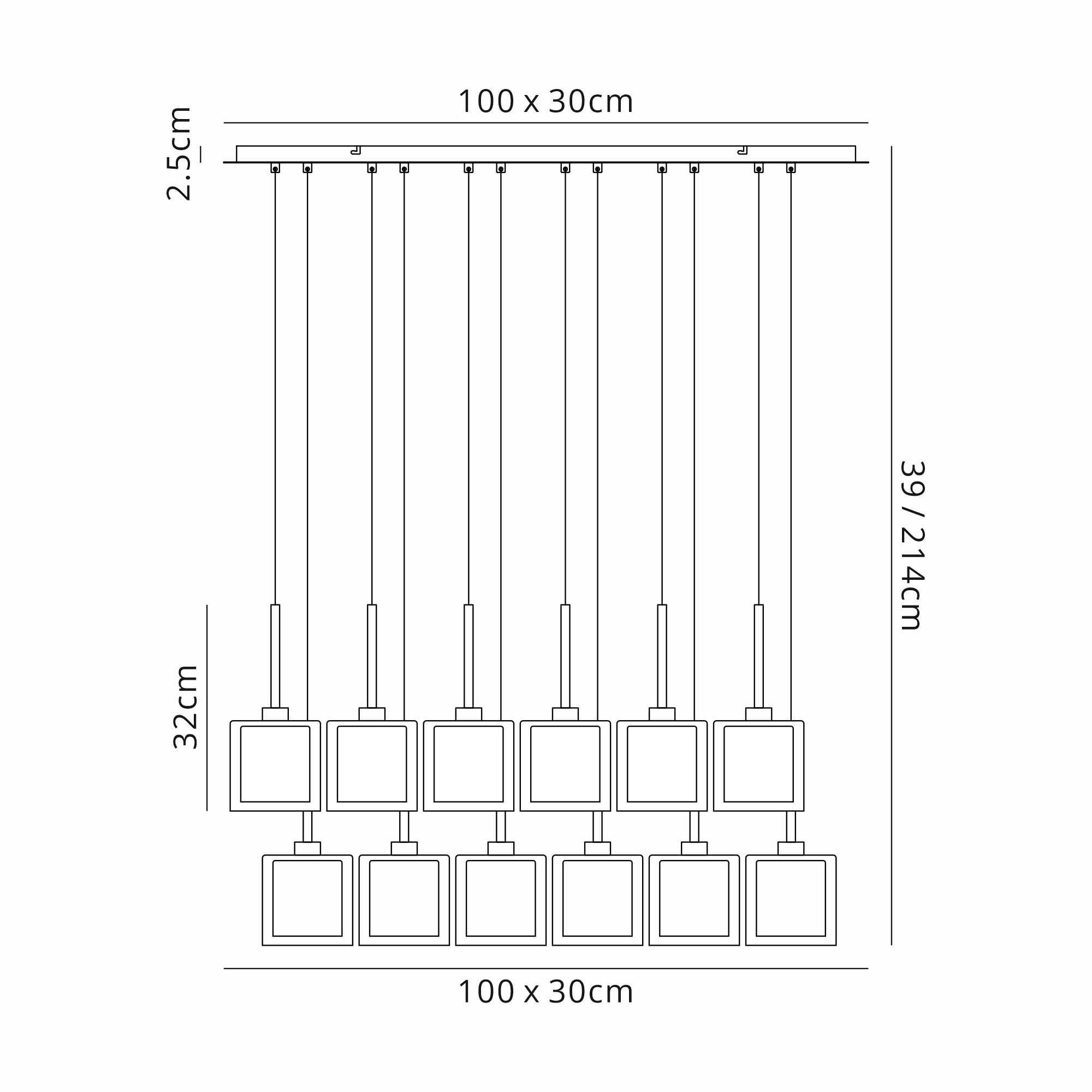 Fabula Tamworth 12 Light Linear Pendant - Medium Cylinder Shades with Clear Outer Glass - Polished Chrome, Copper & Clear Glass