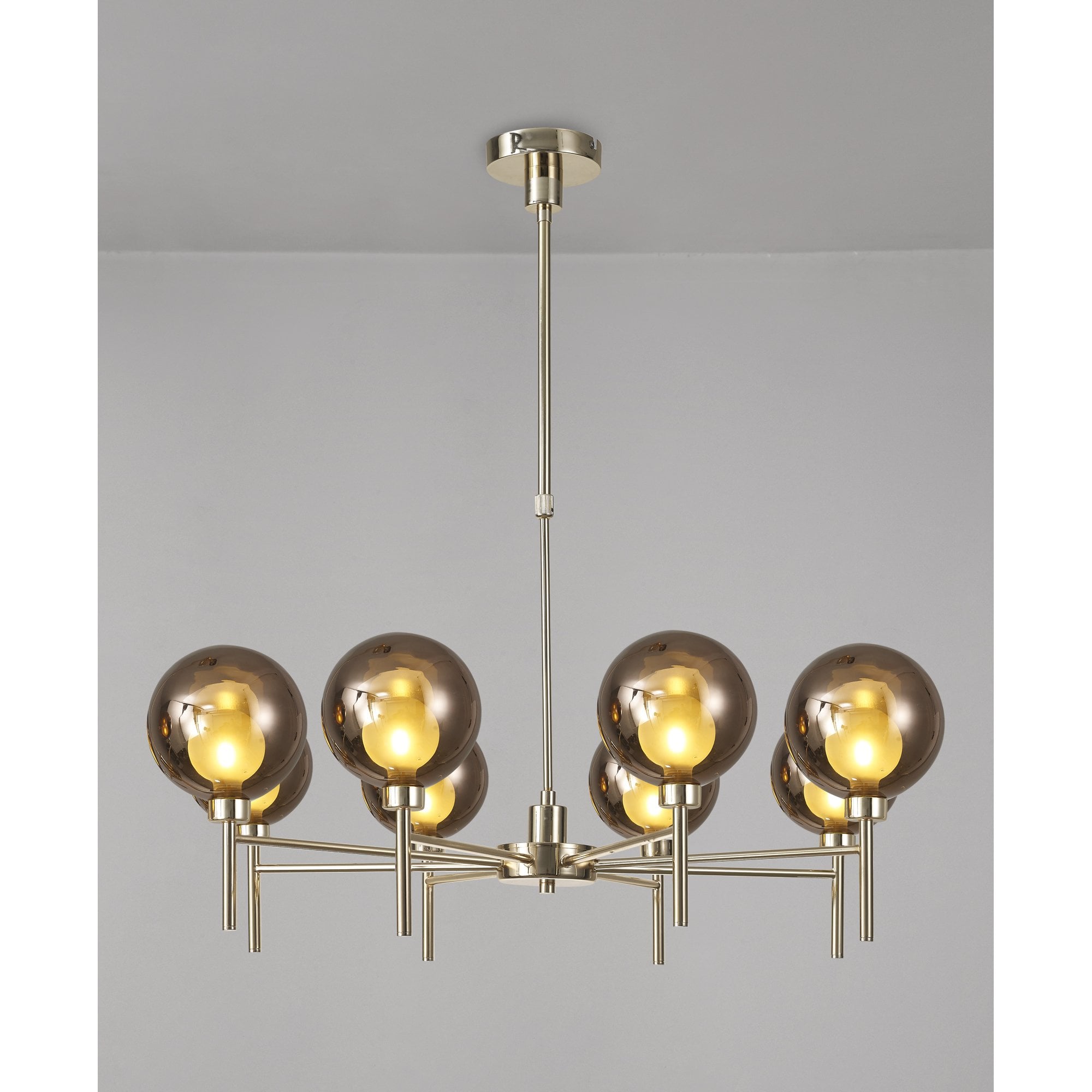Fabula Tamworth 8 Light Telescopic Semi Flush - Round Shades with Inner Frosted Globes - French Gold, Copper & Frosted Glass