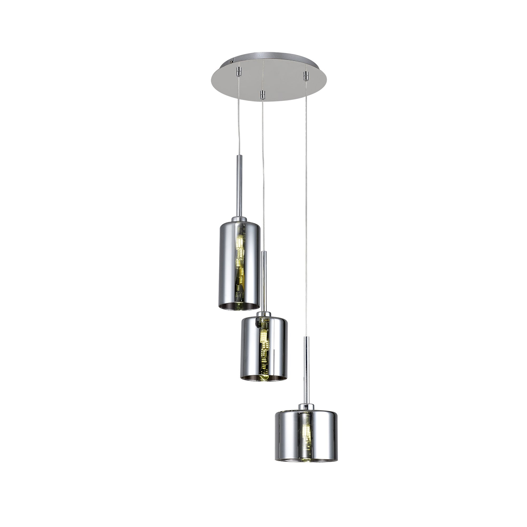 Fabula Tamworth 3 Light Round Pendant - Mixed Cylinder Shades - Polished Chrome & Chrome Glass