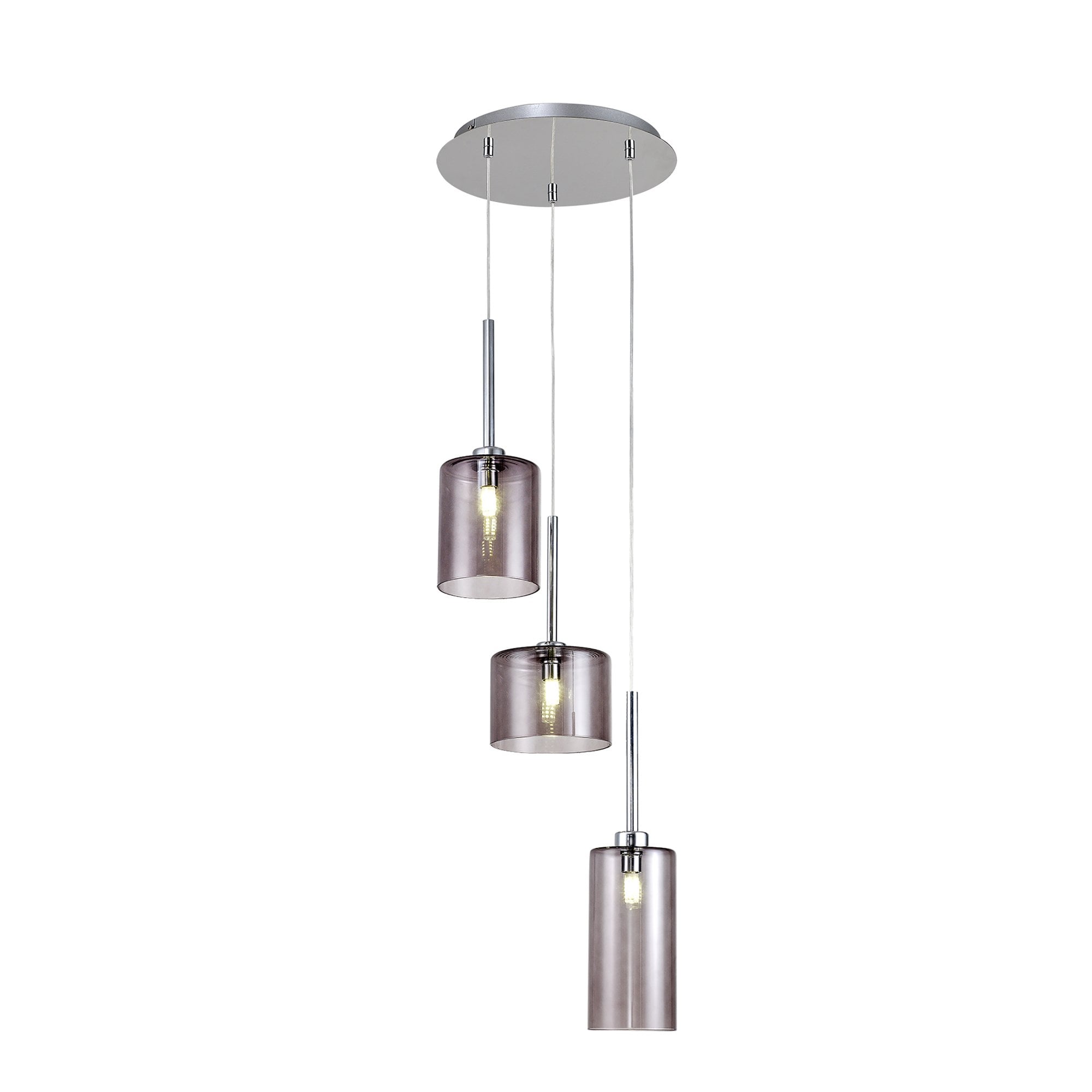 Fabula Tamworth 3 Light Round Pendant - Mixed Cylinder Shades - Polished Chrome & Smoked Glass