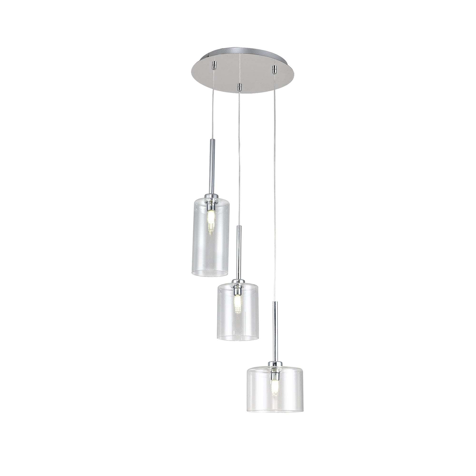 Fabula Tamworth 3 Light Round Pendant - Mixed Cylinder Shades - Polished Chrome & Clear Glass
