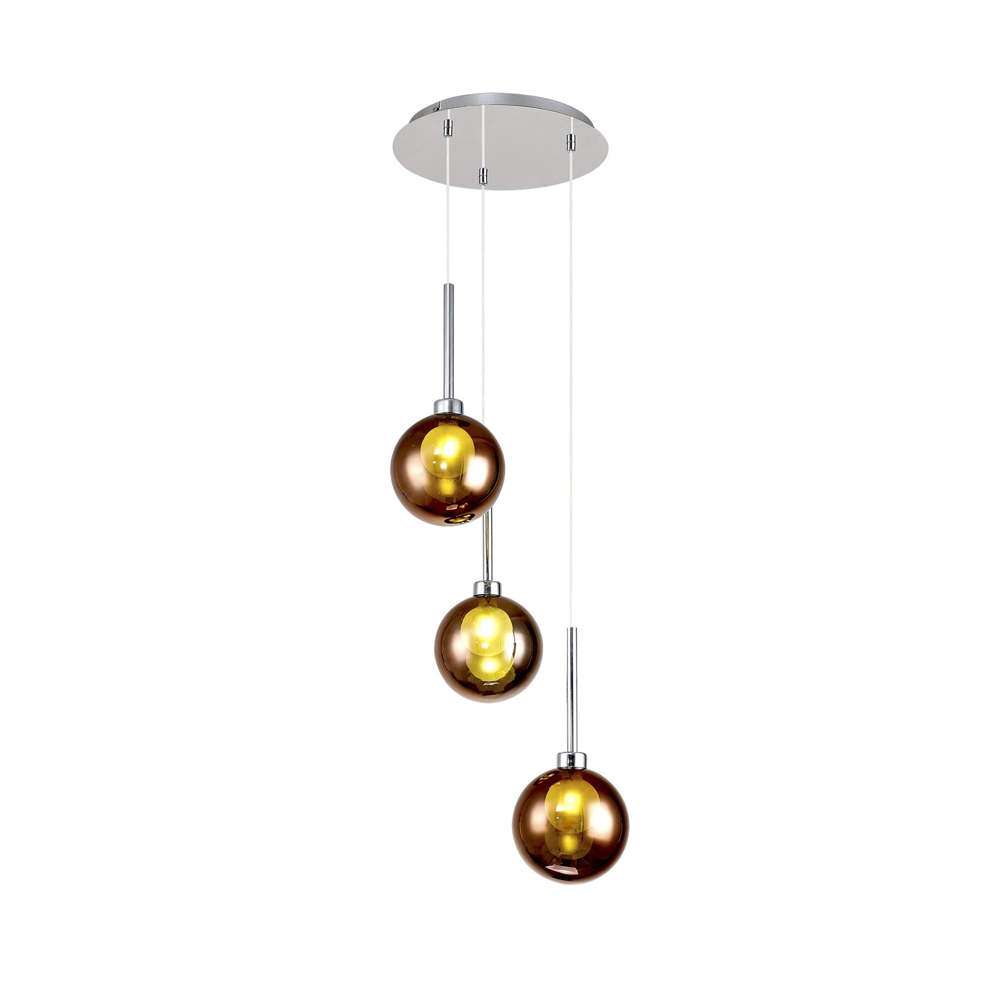 Fabula Tamworth 3 Light Round Pendant - Round Shades with Inner Frosted Globes - Polished Chrome, Copper & Frosted Glass