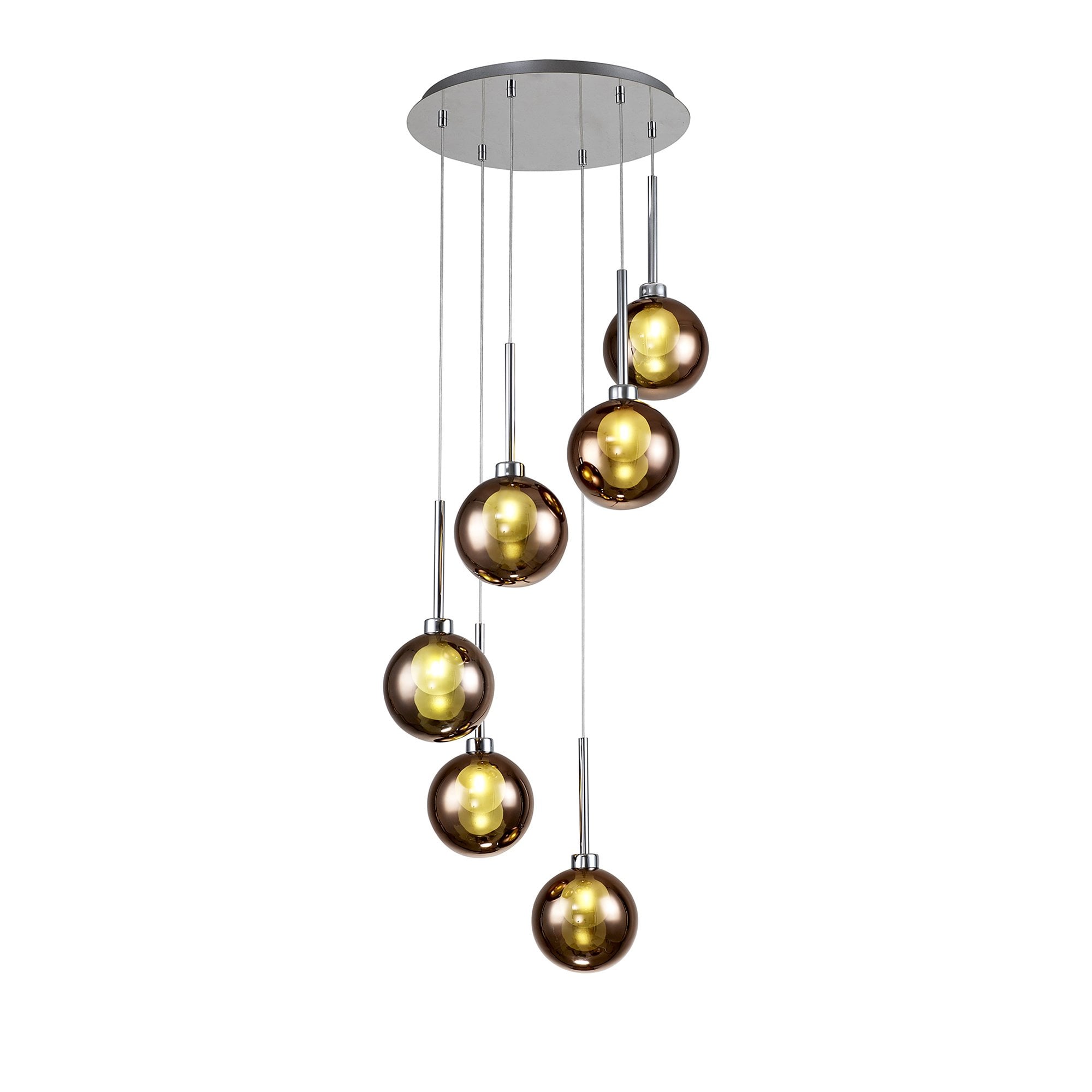 Fabula Tamworth 6 Light Round Pendant - Round Shades with Inner Frosted Globes - Polished Chrome, Copper & Frosted Glass