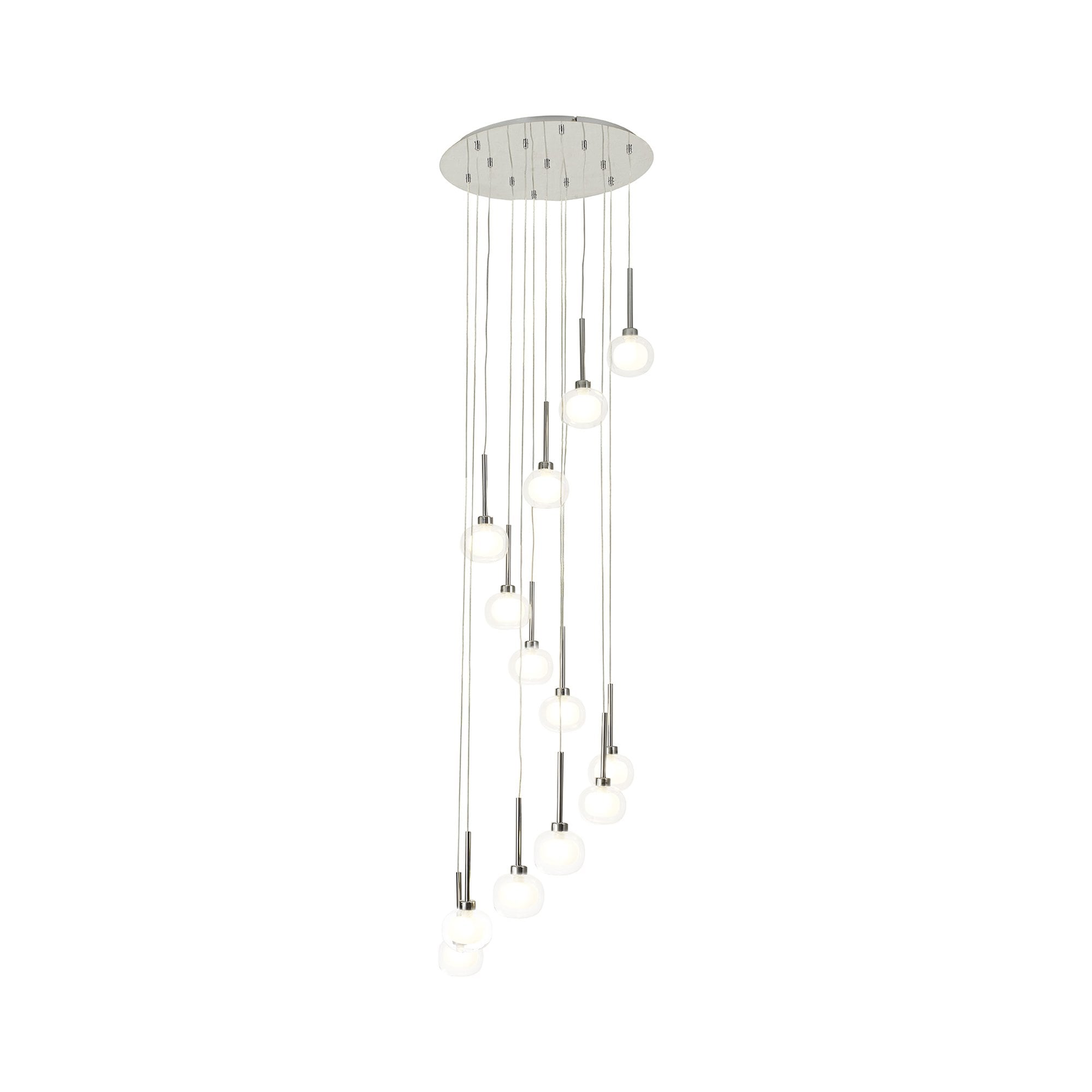 Fabula Tamworth 13 Light Round Pendant - Flattened Round Shades with Inner Frosted Globes - Polished Chrome, Clear & Frosted Glass