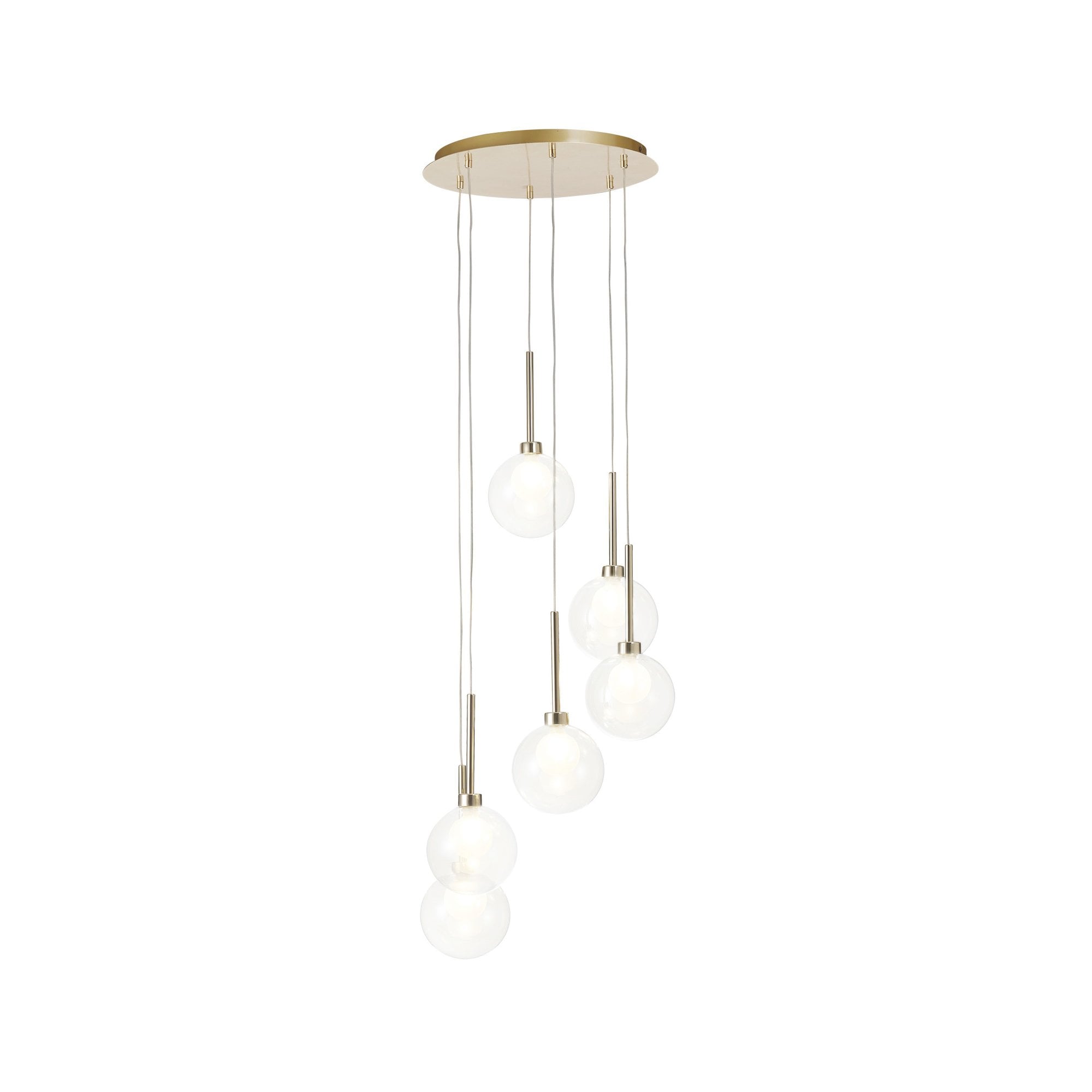 Fabula Tamworth 6 Light Round Pendant - Round Shades with Inner Frosted Globes - French Gold, Clear & Frosted Glass