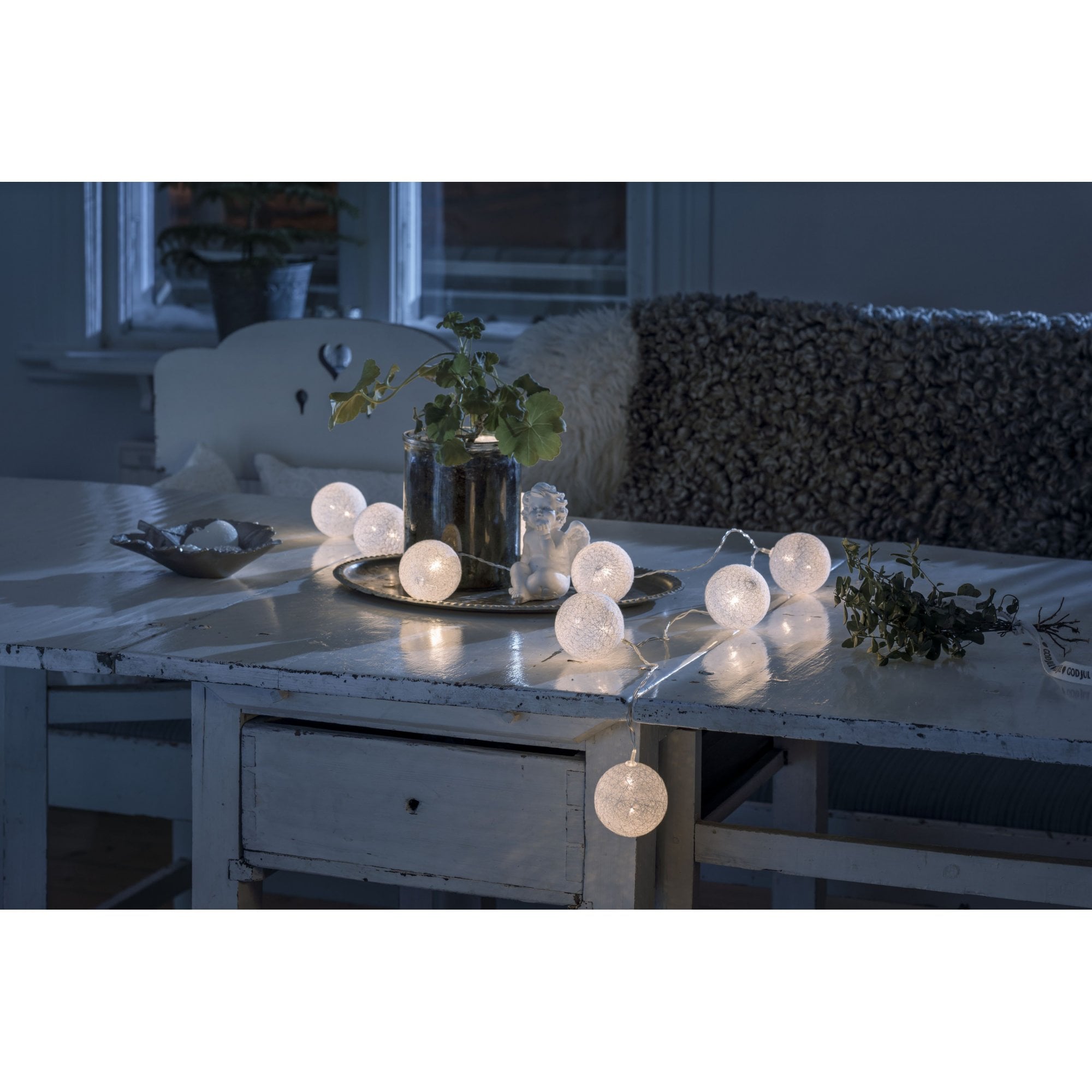 Konstsmide Festoon 1.8m Decorative Light Set - 10 LED Cotton Balls - White - Battery Operated