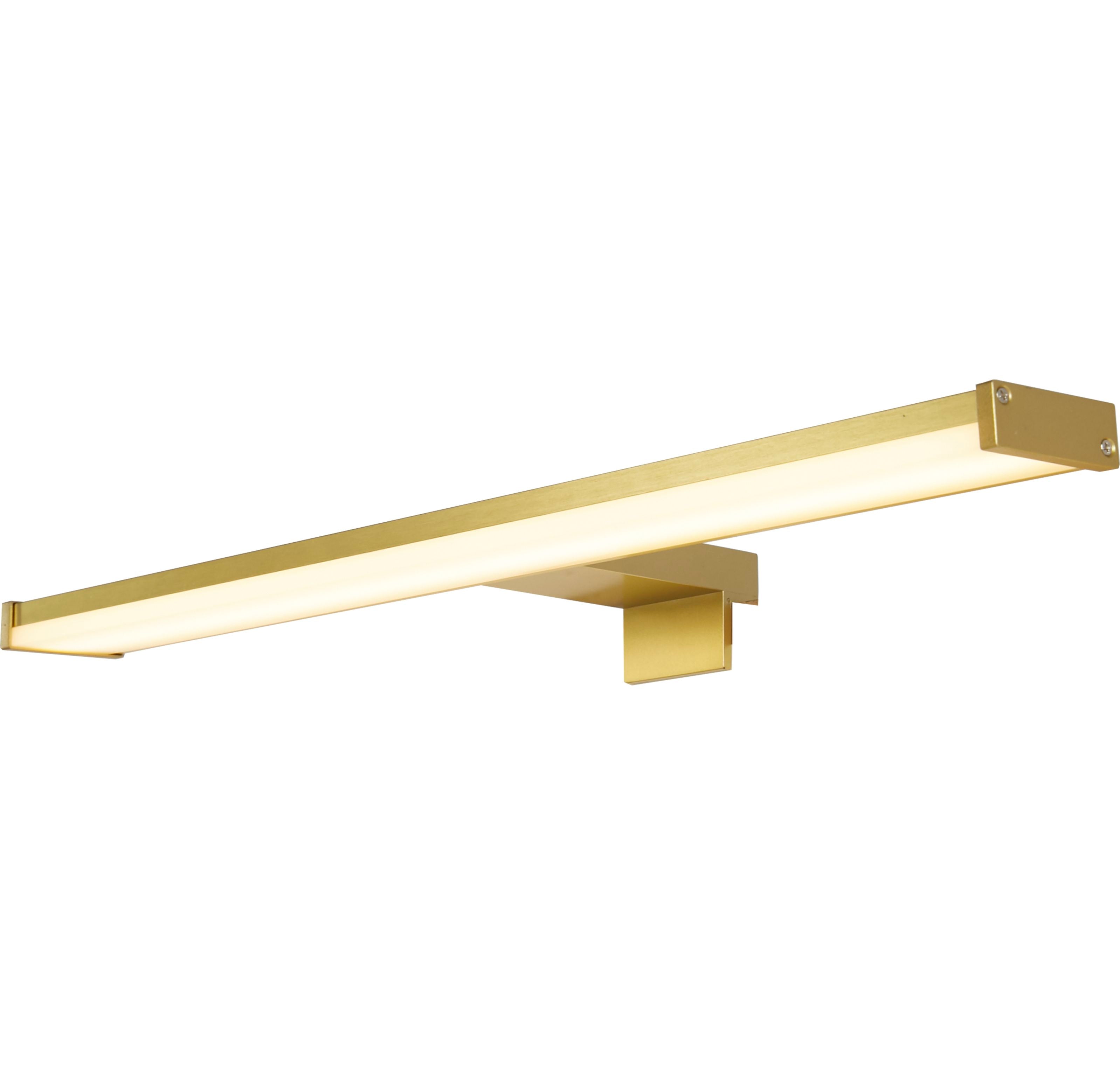 Searchlight Kos LED bathroom mirror light in gold, angled studio shot of the illuminated bar with warm white light and the wall mounting bracket at one end