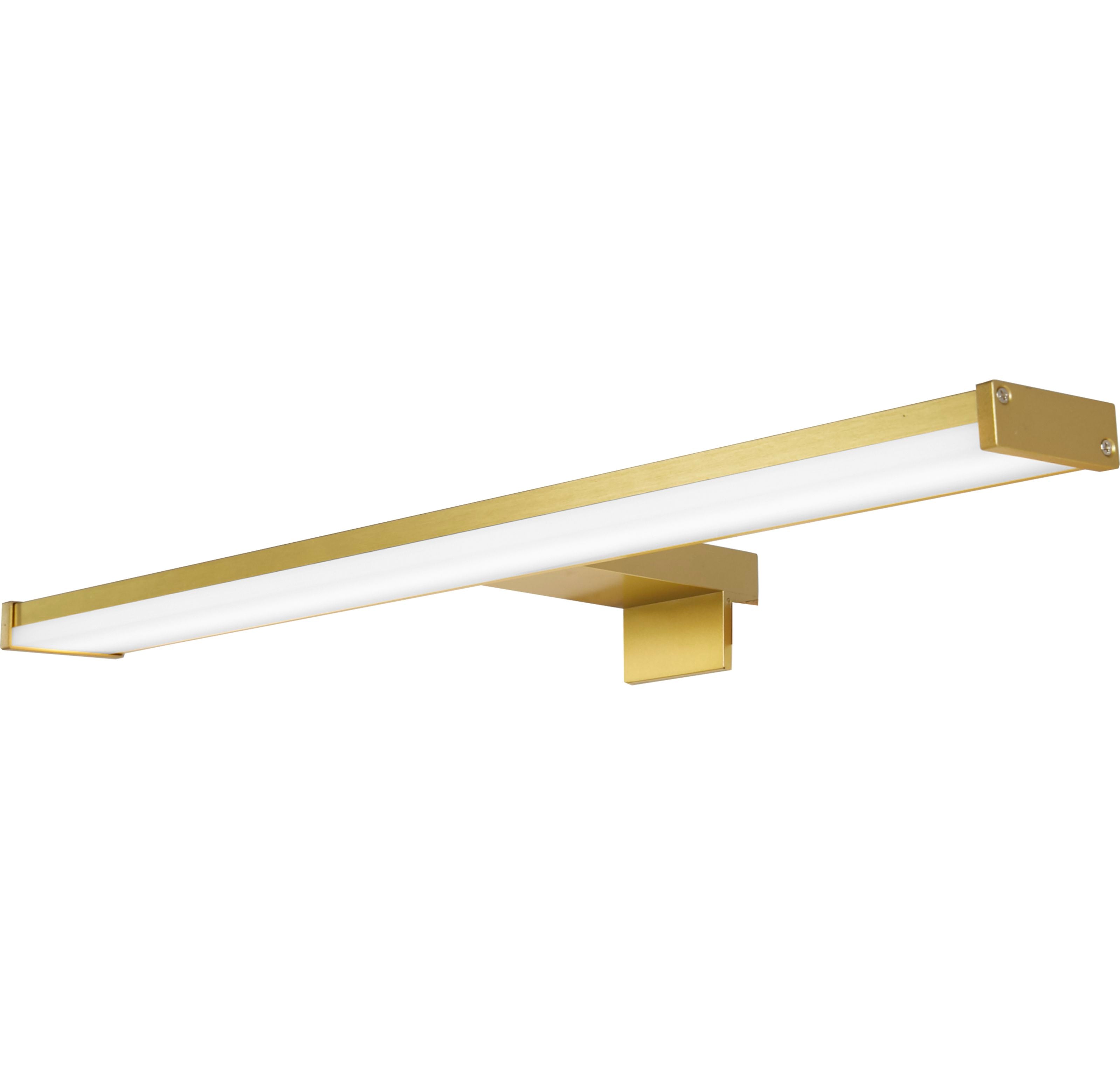 Searchlight Kos LED bathroom mirror light in gold, angled studio shot from the opposite end showing the slim profile and warm white glow along the diffuser