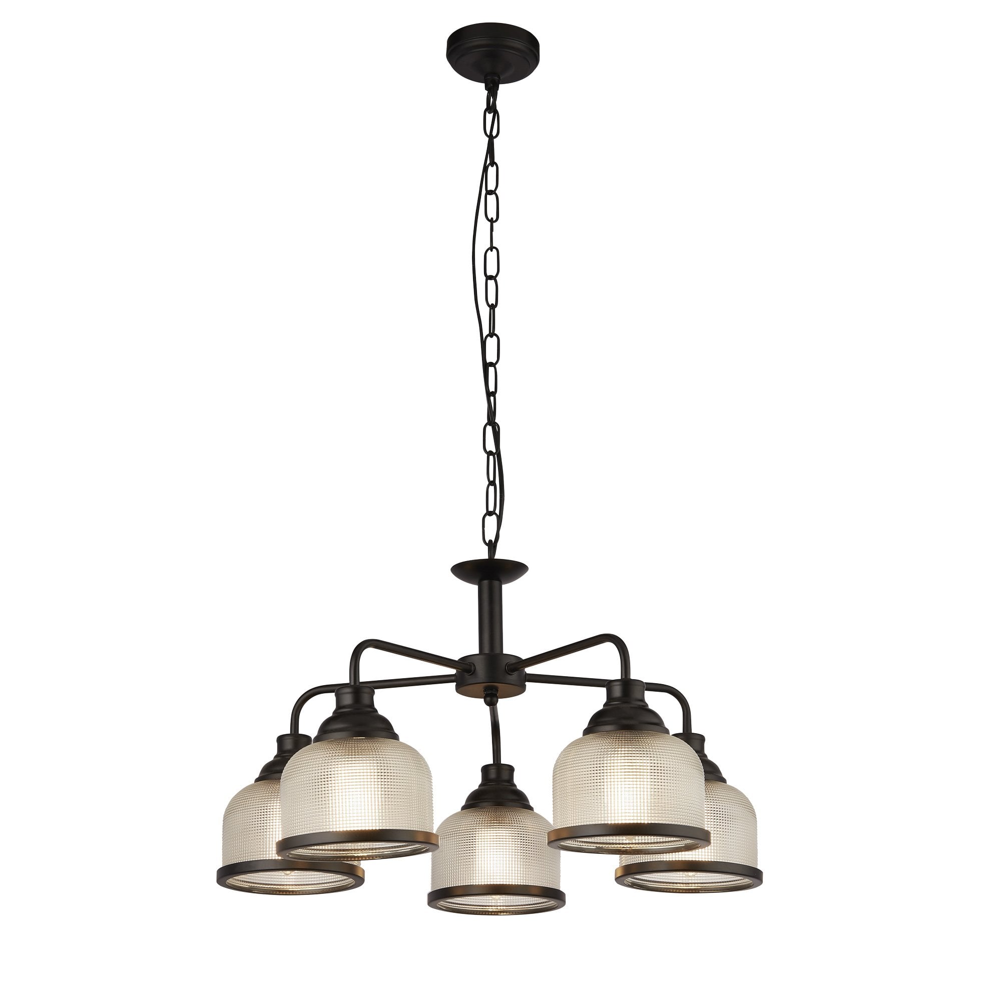 Searchlight Handel 5 Light Pendant - Black Metal & Holophane Style Glass