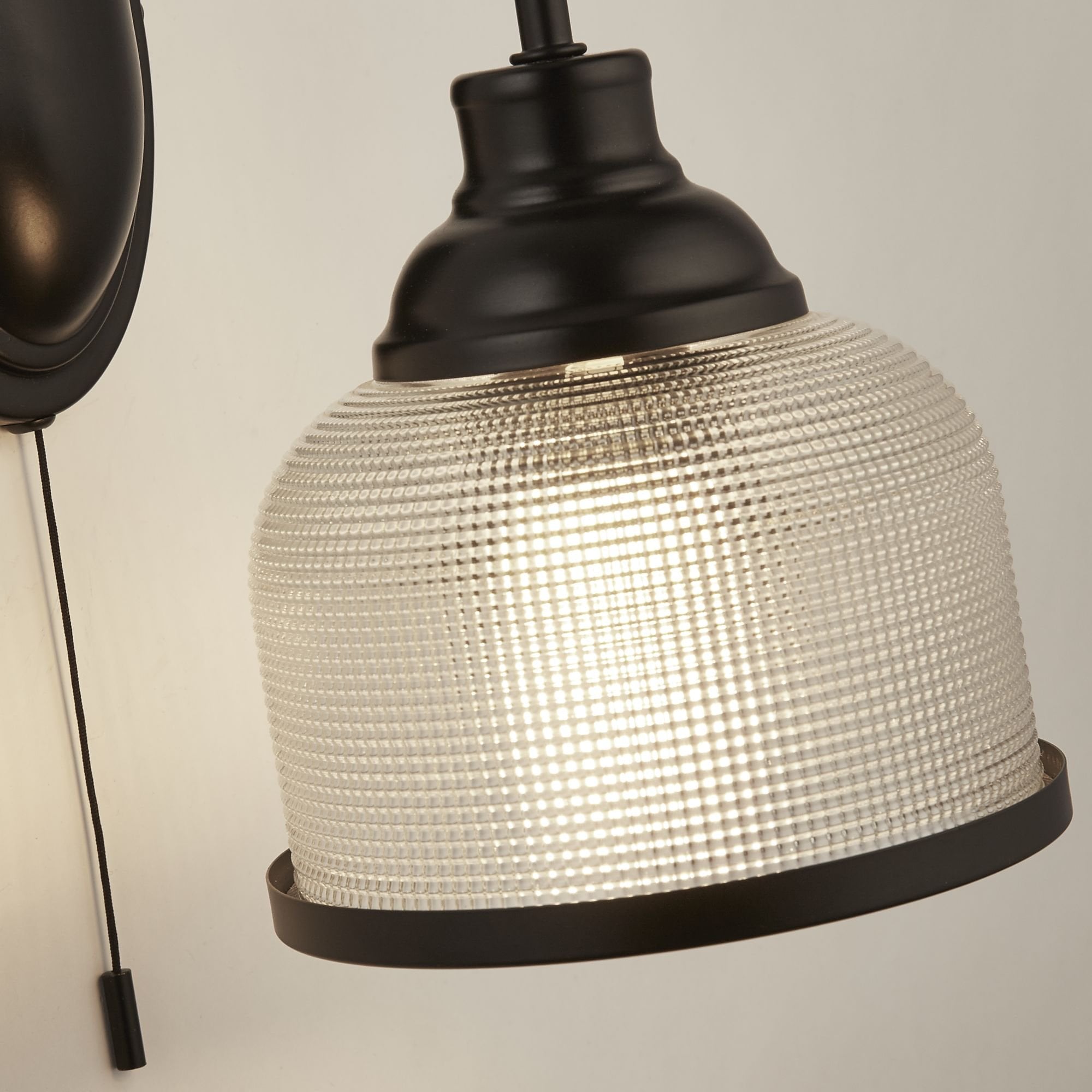 Searchlight Handel Wall Light - Matt Black Metal,Holophane Style Glass