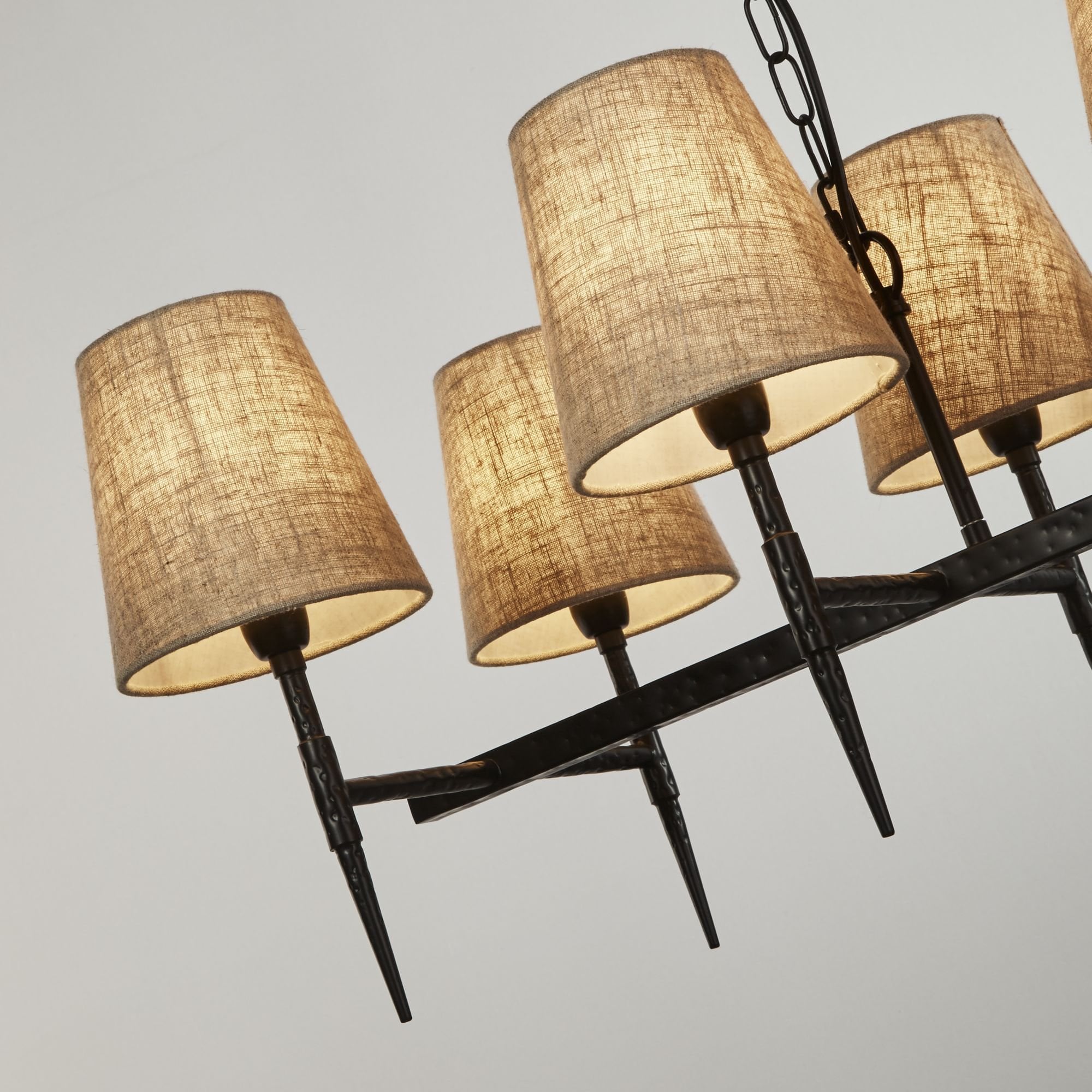 Searchlight Gibson 8 Light Bar Pendant - Hammered Black Metal & Natural Linen