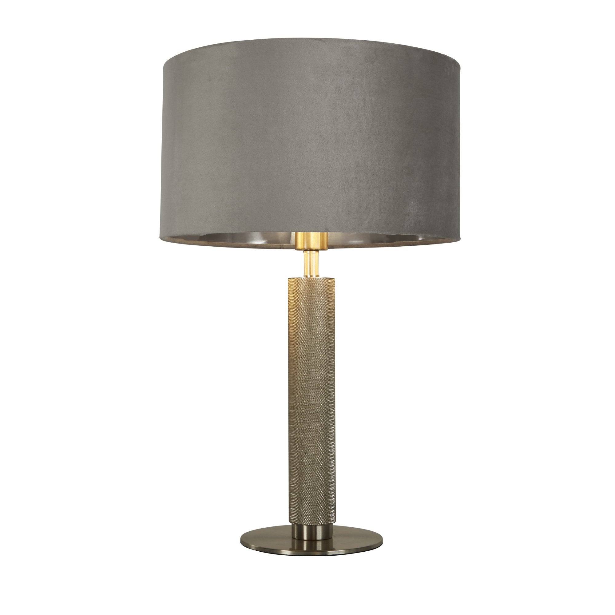 Searchlight Latimer Table Lamp - Knurled Satin Silver & Grey Velvet Shade