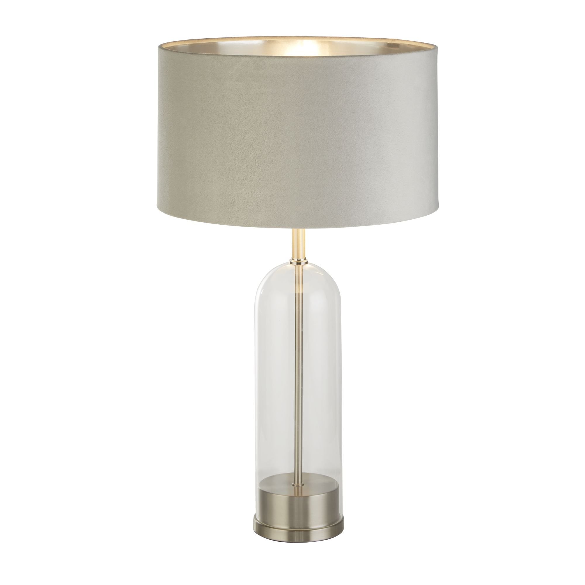 Searchlight Owen Table Lamp - Satin Nickel, Glass & Grey Velvet Shade