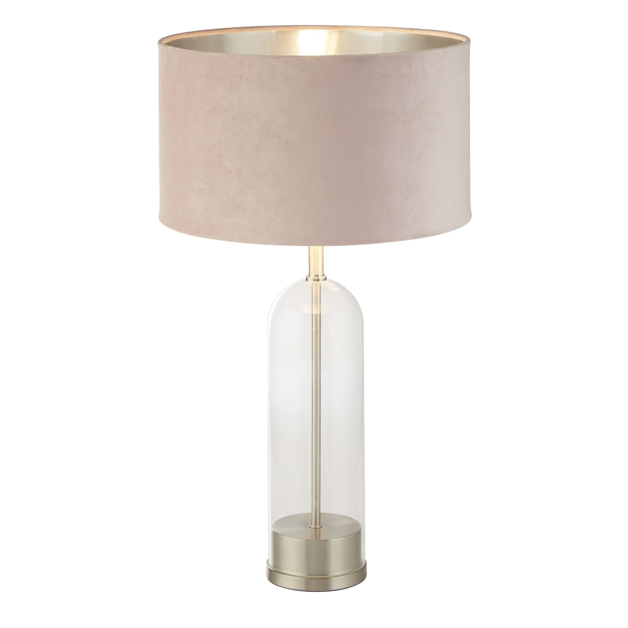 Searchlight Owen Table Lamp - Satin Nickel, Glass & Pink Velvet Shade