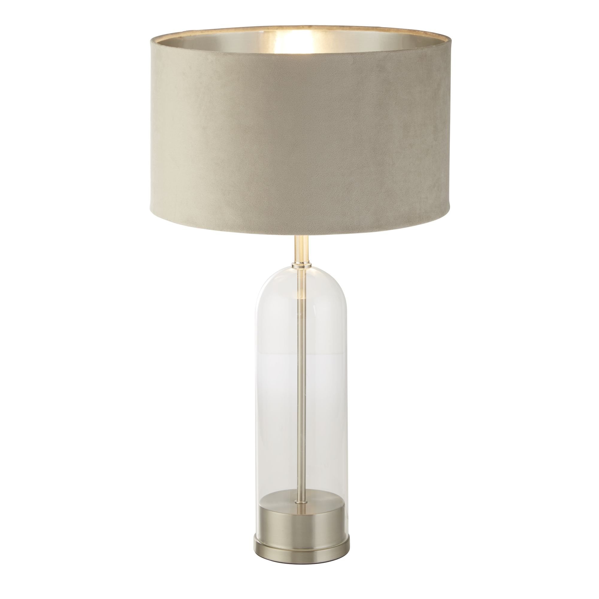 Searchlight Owen Table Lamp - Satin Nickel, Glass & Taupe Velvet Shade